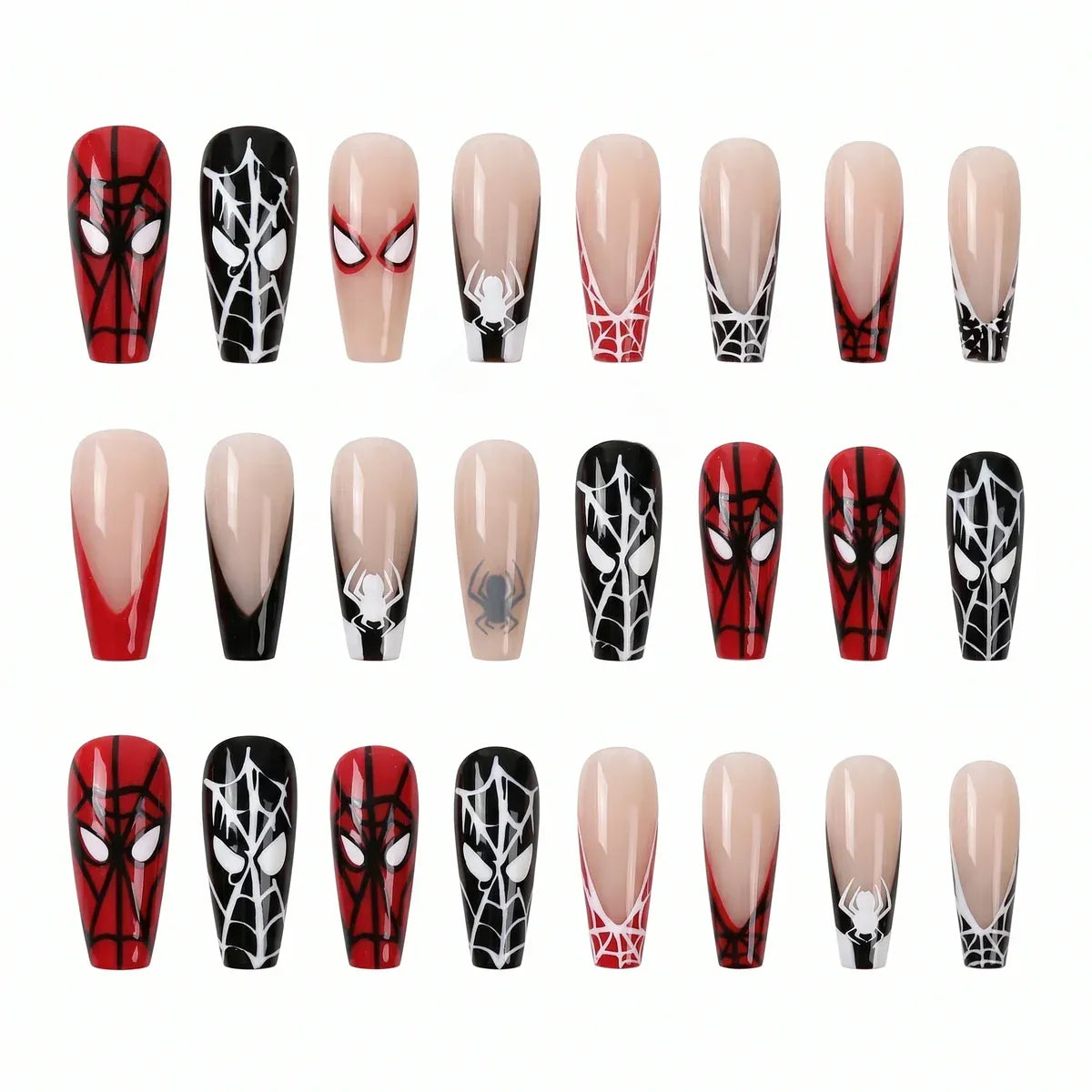 Kentrim Red Black Spider Web Superhero Coffin Press On Nails - 24 Pieces (12 Sizes) Secondary image
