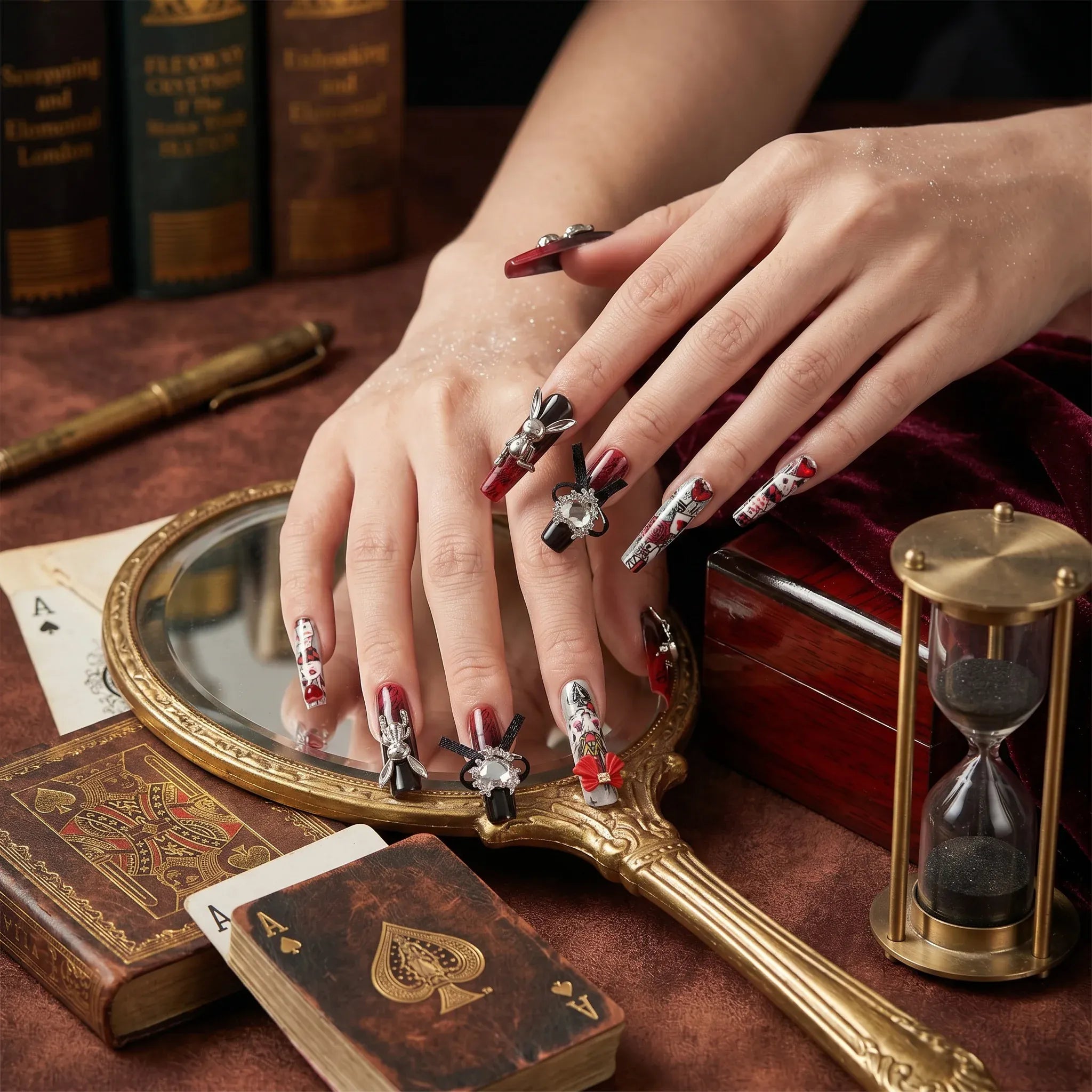 Kentrim Alice in Wonderland themed press on nails with 30 pieces in 15 sizes, featuring whimsical designs and vibrant colors. Main image