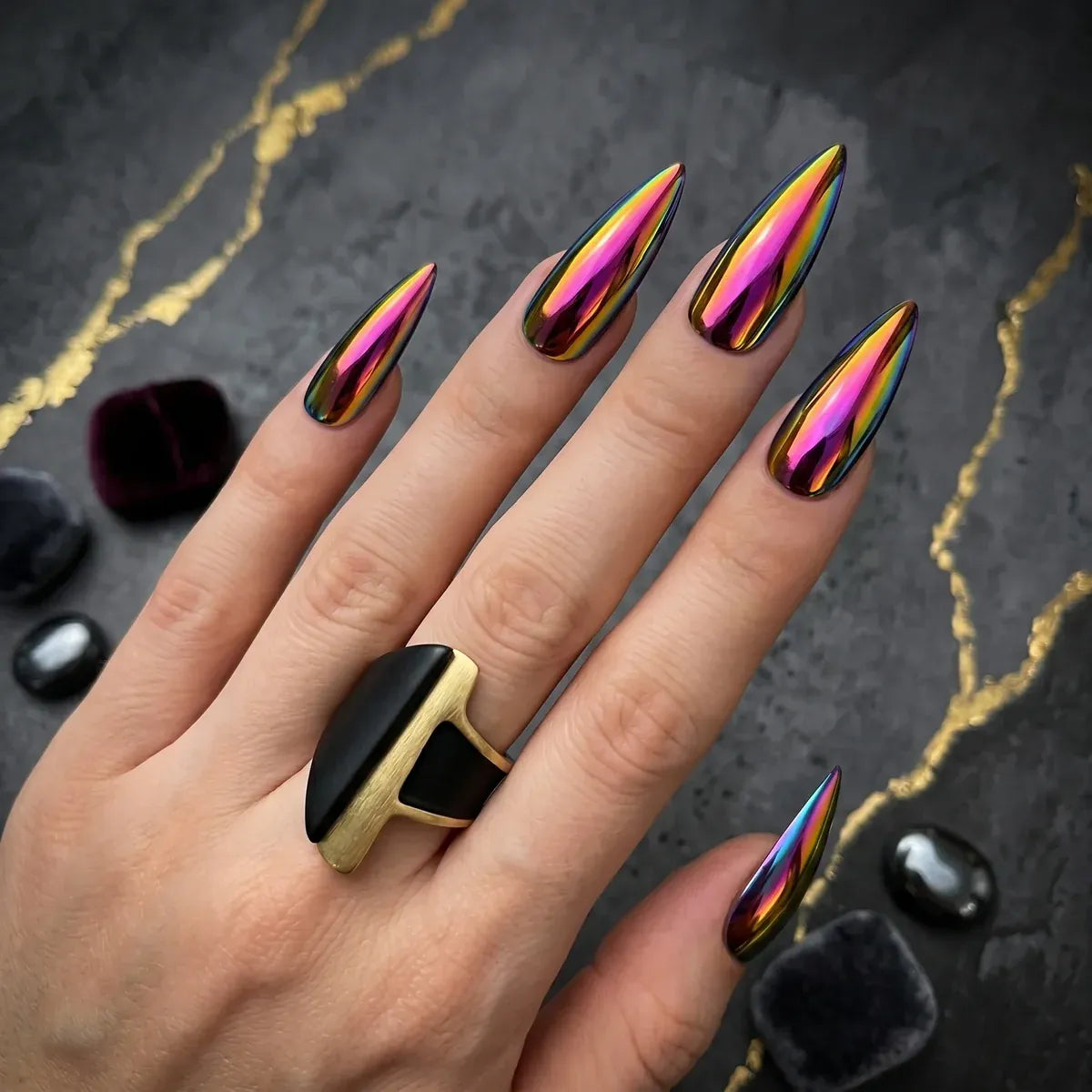 Kentrim Jelly Glue Purple Kentrim Holographic Pink-Purple Chrome Medium Stiletto Press On Nails - 24 Pieces (12 Sizes)