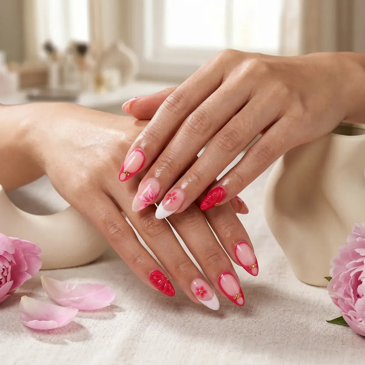 Kentrim Jelly Glue Red Kentrim Red French Press On Nails with 3D Flower & Shell Details - 24 Pieces (12 Sizes)