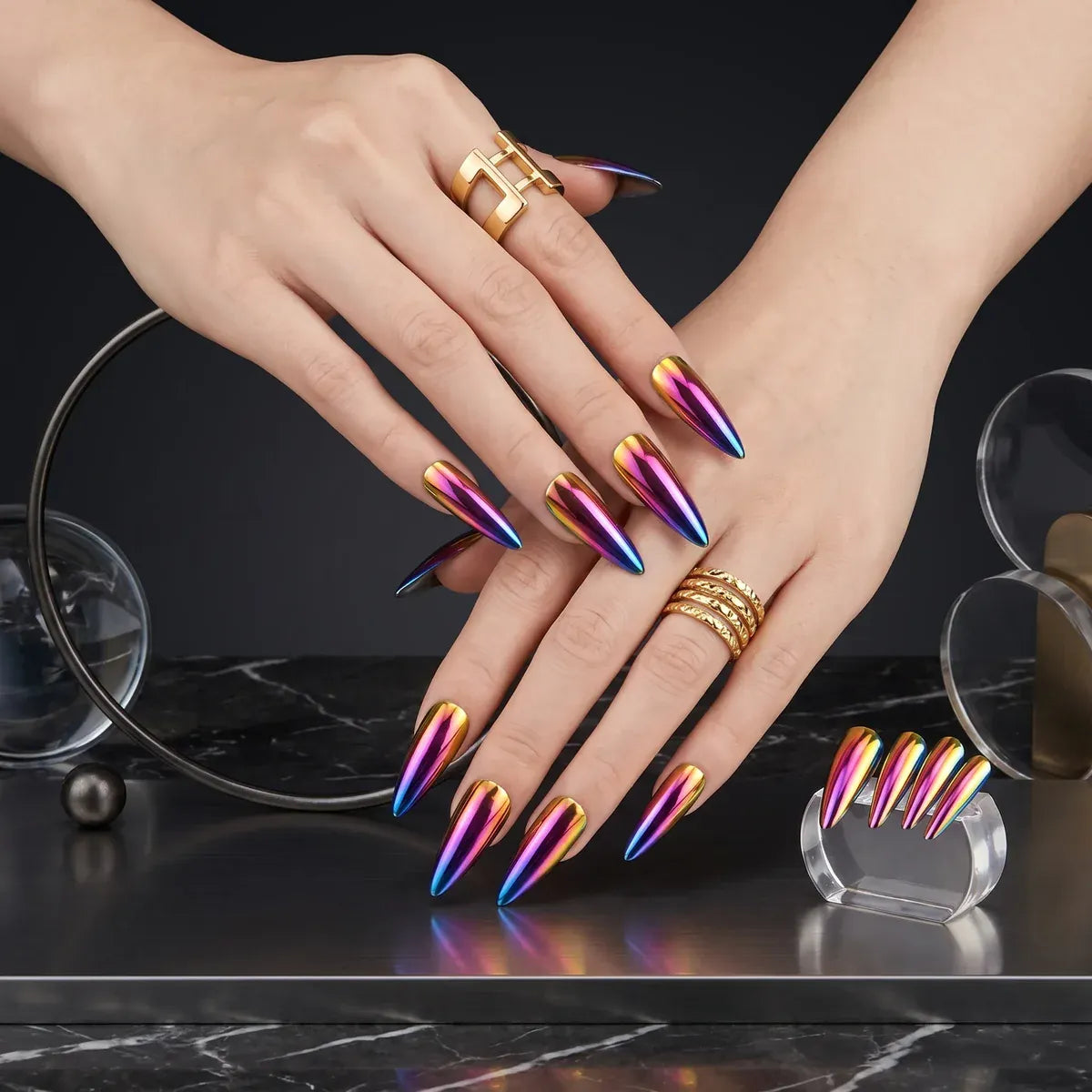 Kentrim Jelly Glue Purple Kentrim Holographic Pink-Purple Chrome Medium Stiletto Press On Nails - 24 Pieces (12 Sizes)