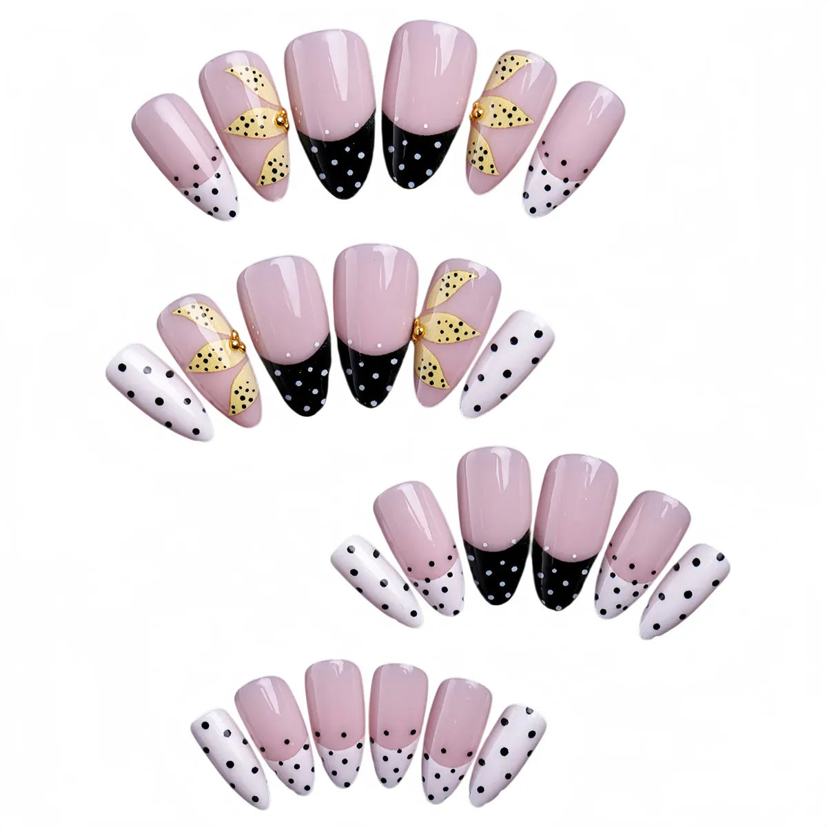 Kentrim nude pink French press-on nails with polka dot and flower details, 24-piece set with 12 sizes. Main image