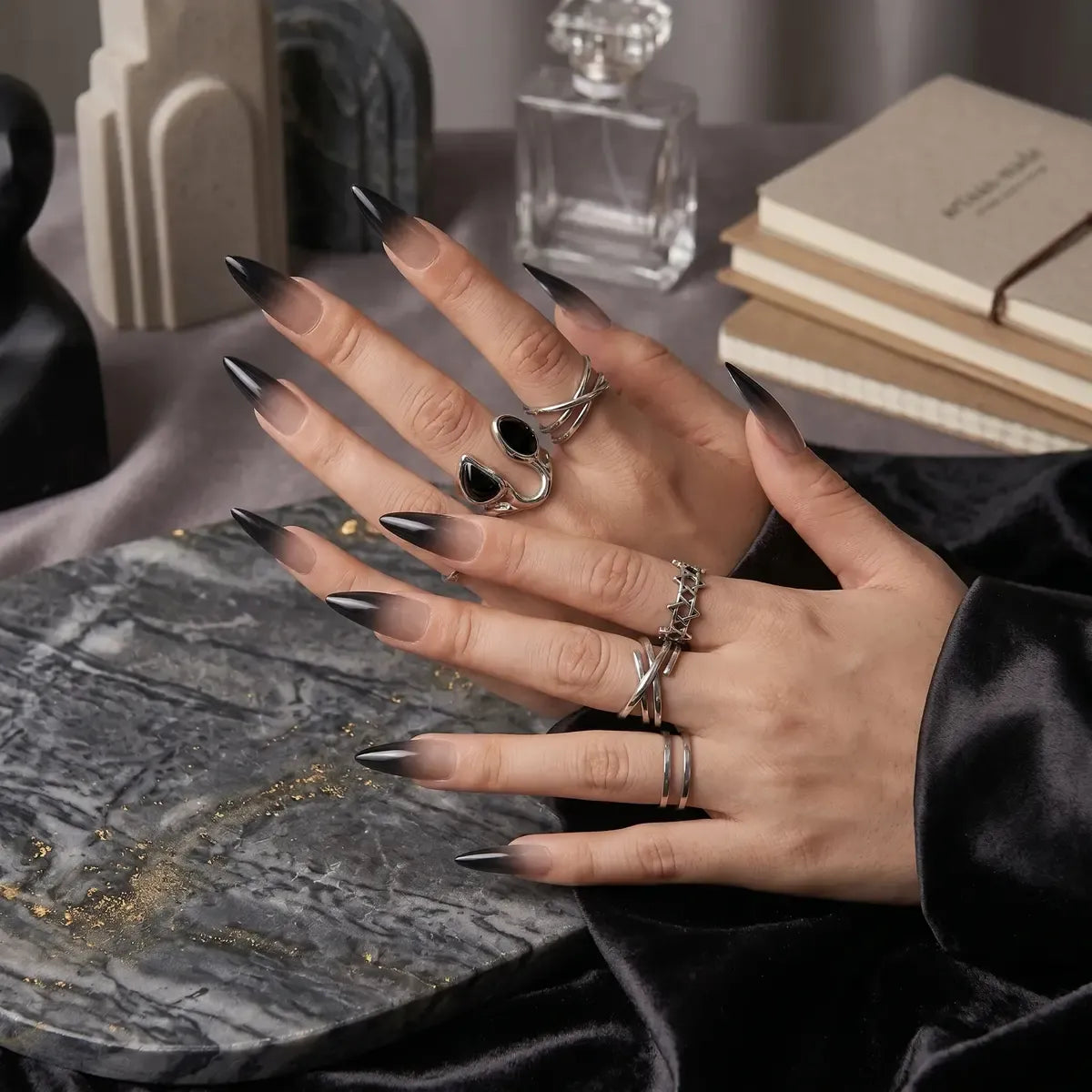Kentrim Jelly Glue Black Kentrim Nude Black Gradient Long Almond Press On Nails - 24 Pieces (12 Sizes)