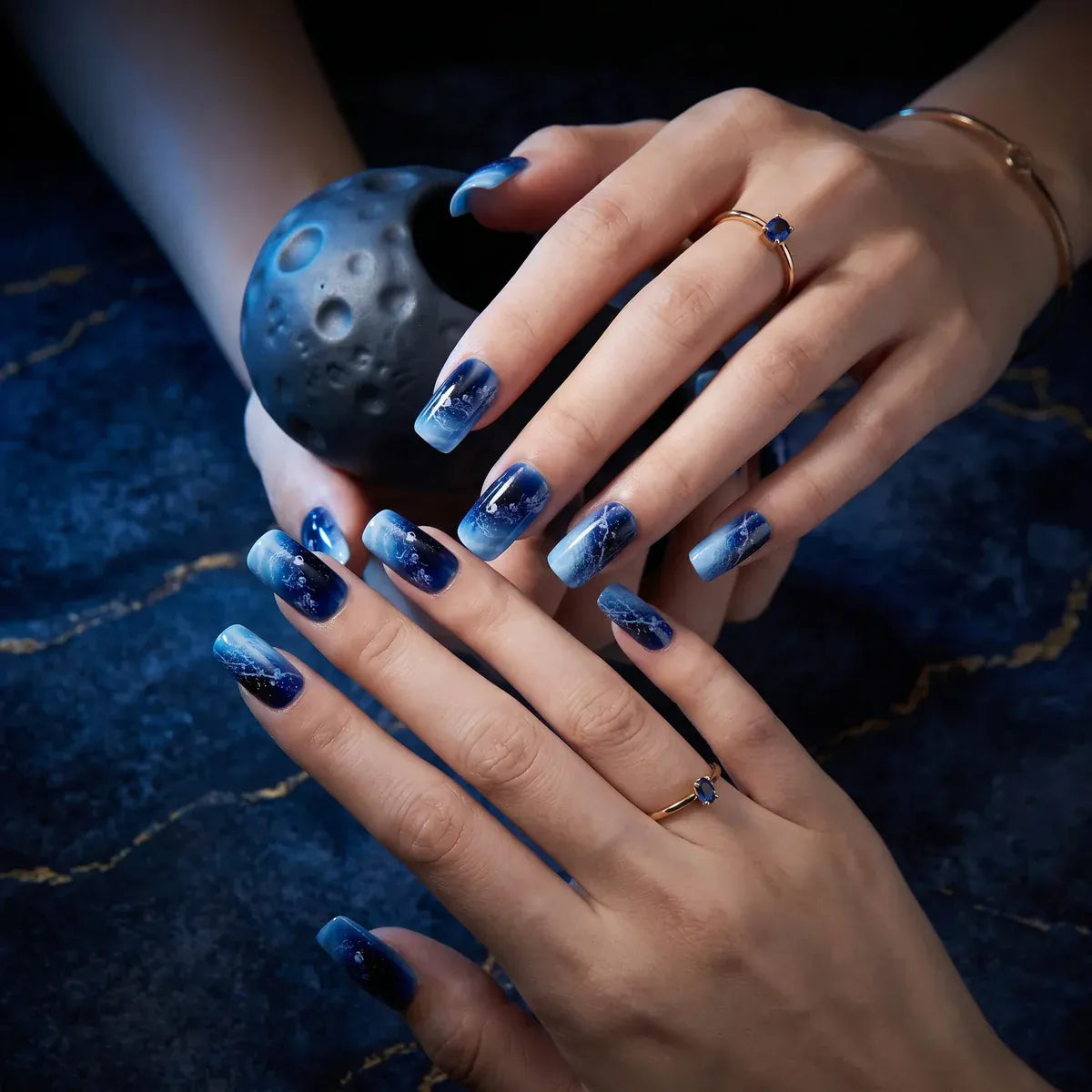 Kentrim Jelly Glue Blue Kentrim Deep Sea Starry Sky Medium Square Press On Nails - 24 Pieces (12 Sizes)