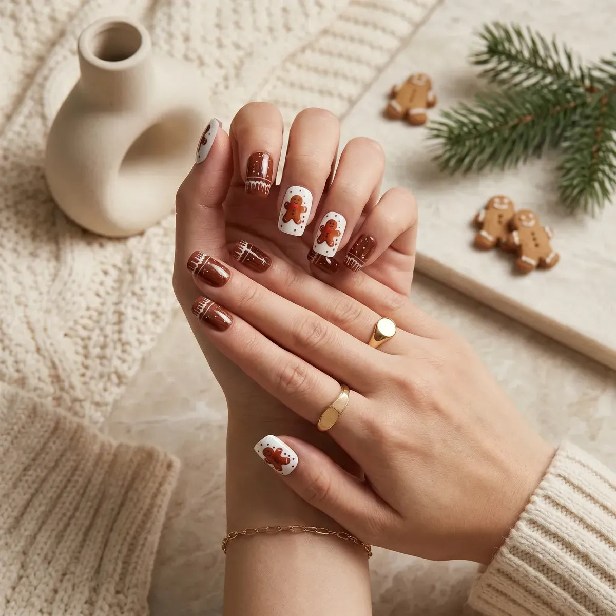 Kentrim Jelly Glue Brown Kentrim Gingerbread Man Christmas Press On Nails - 24 Pieces (12 Sizes)