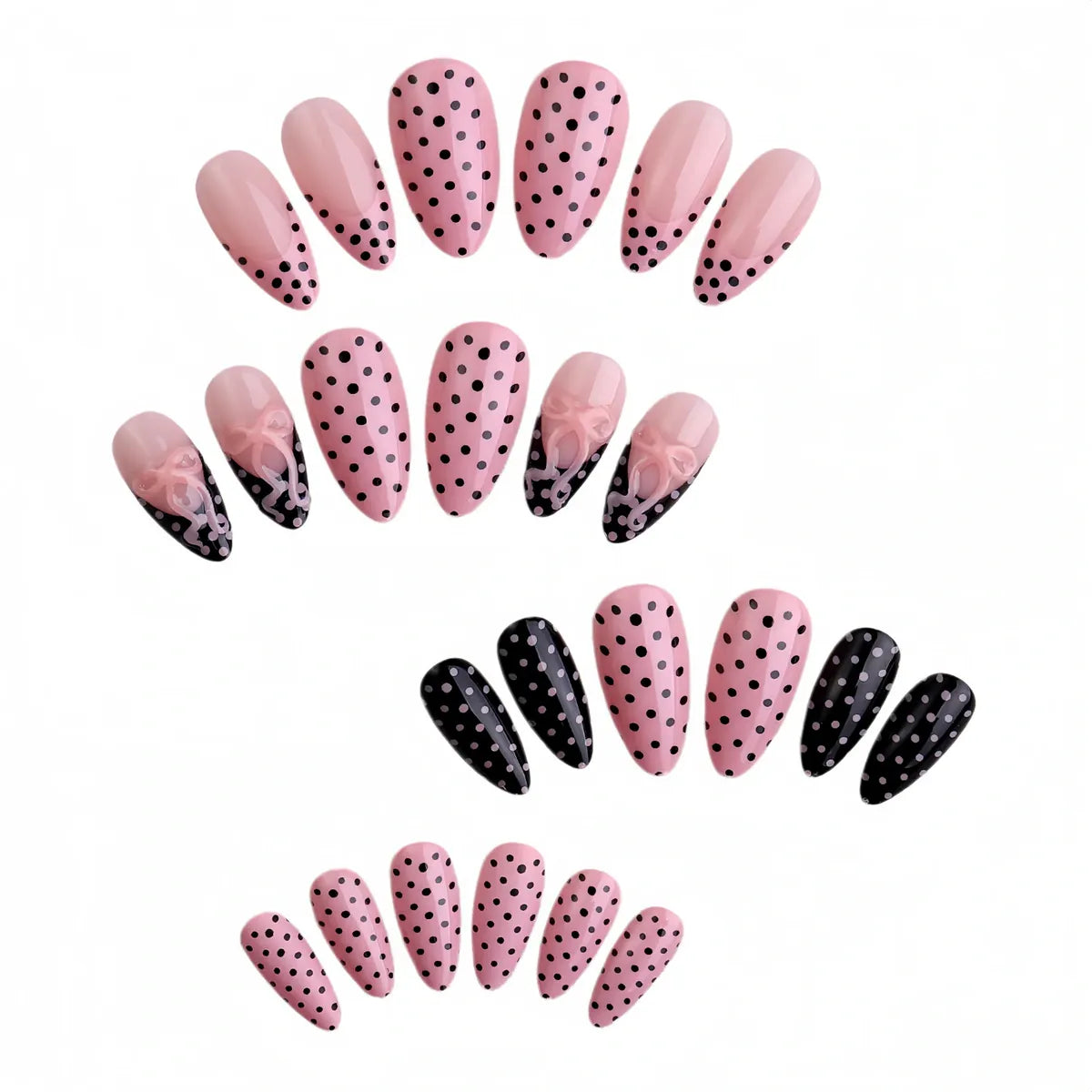 Kentrim pink and black polka dot press on nails, 24-piece set with 12 sizes, showcasing stylish, easy-to-apply artificial nail tips. Main image