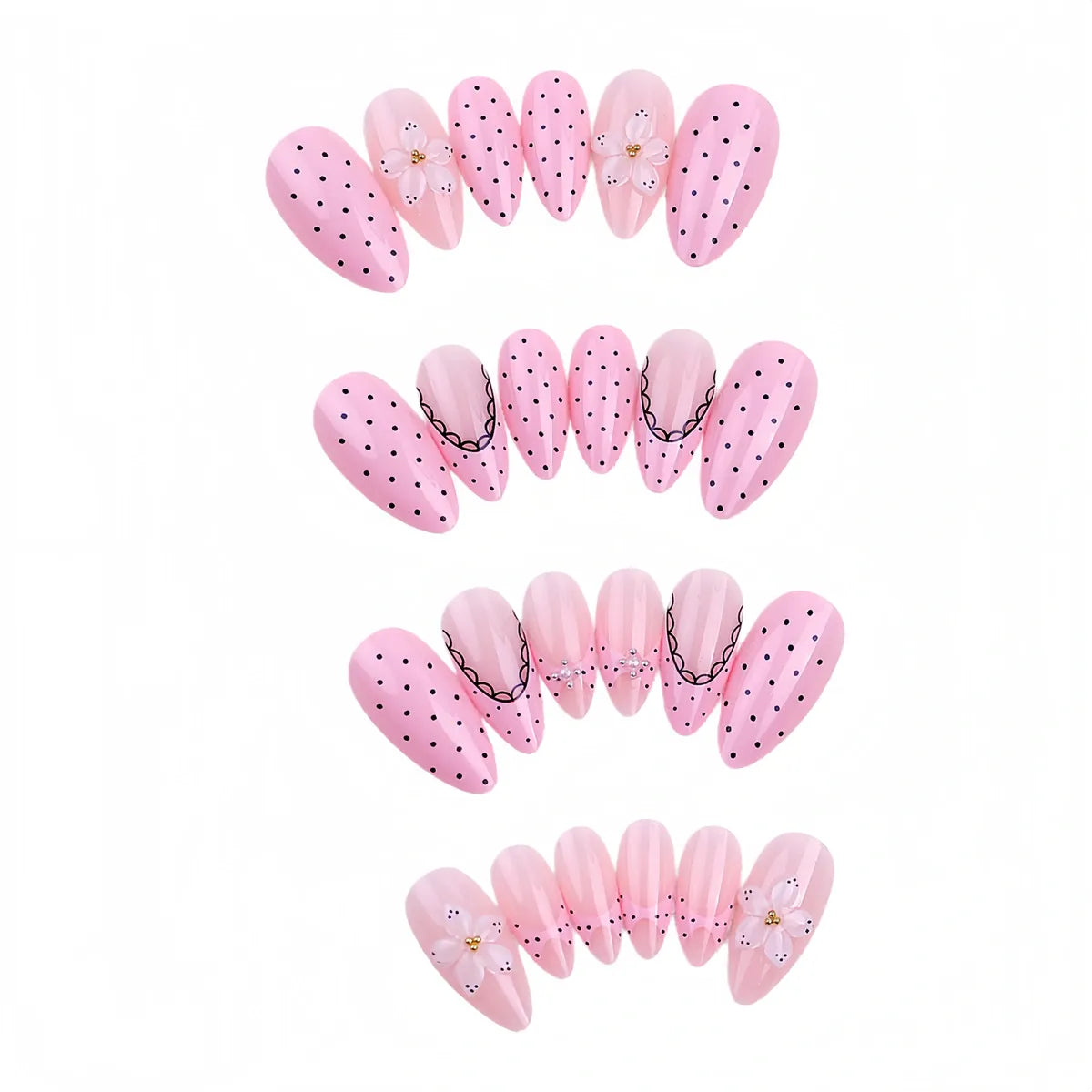 Kentrim Jelly Glue Pink Kentrim Light Pink Polka Dot & Lace Press On Nails with 3D Flowers - 24 Pieces (12 Sizes)