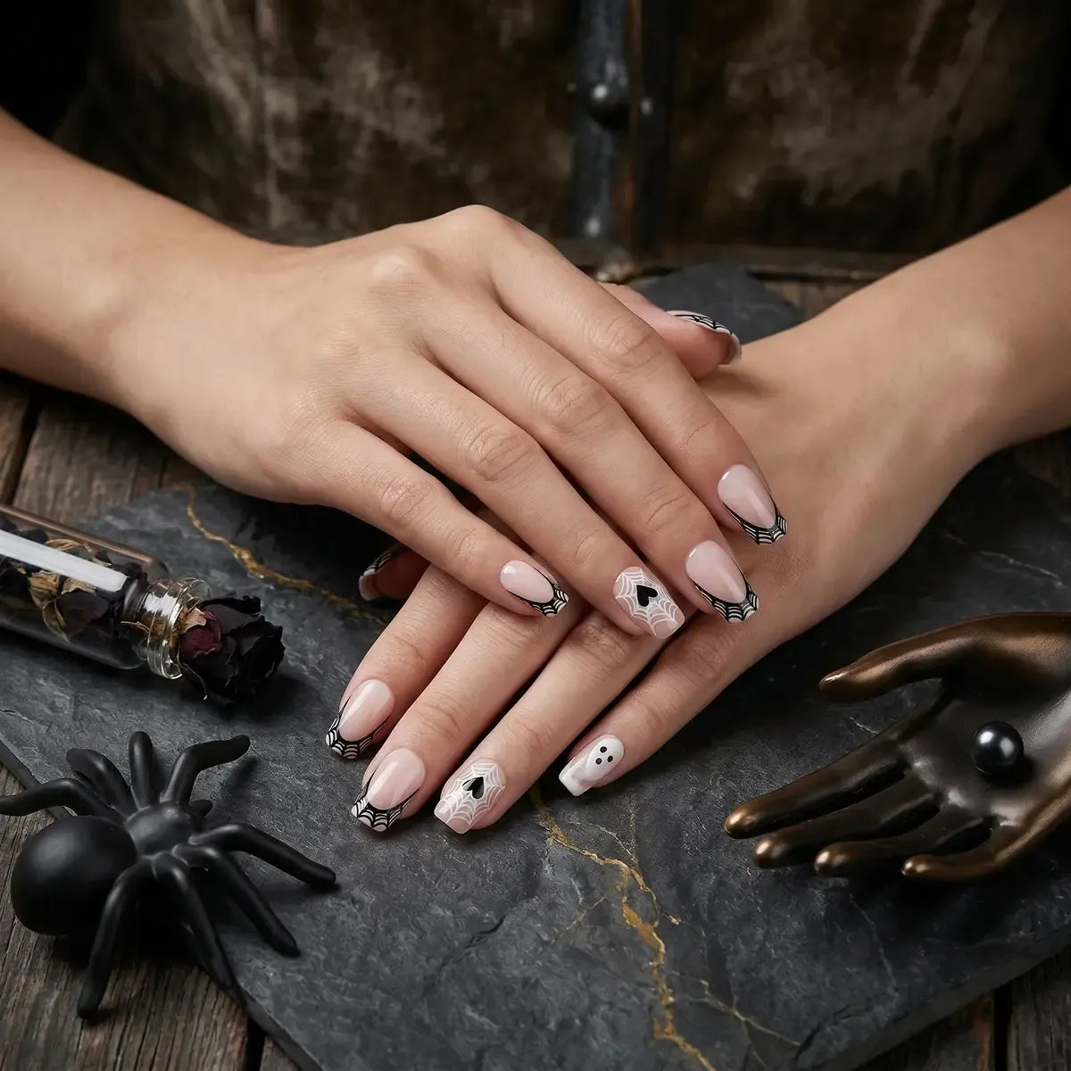 Kentrim Jelly Glue Black Kentrim Ghost Heart Spider Web Coffin Halloween Press On Nails - 24 Pieces (12 Sizes)