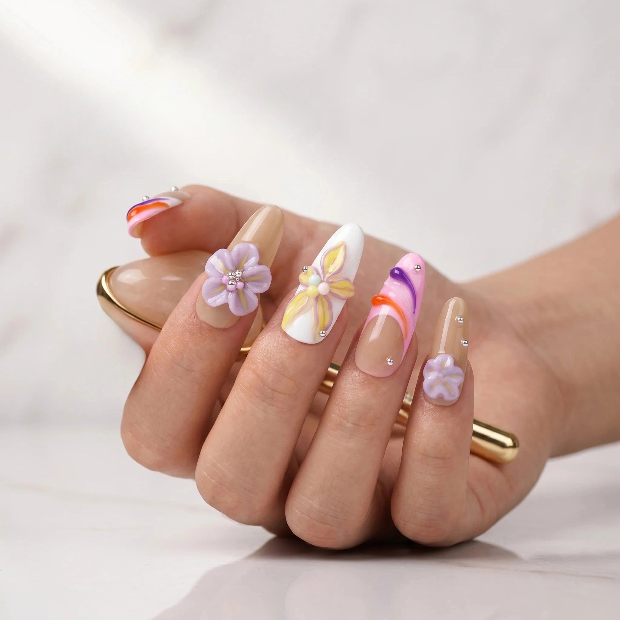 Kentrim 3D Floral Swirl Press On Nails- 10 Pieces (Single Size)