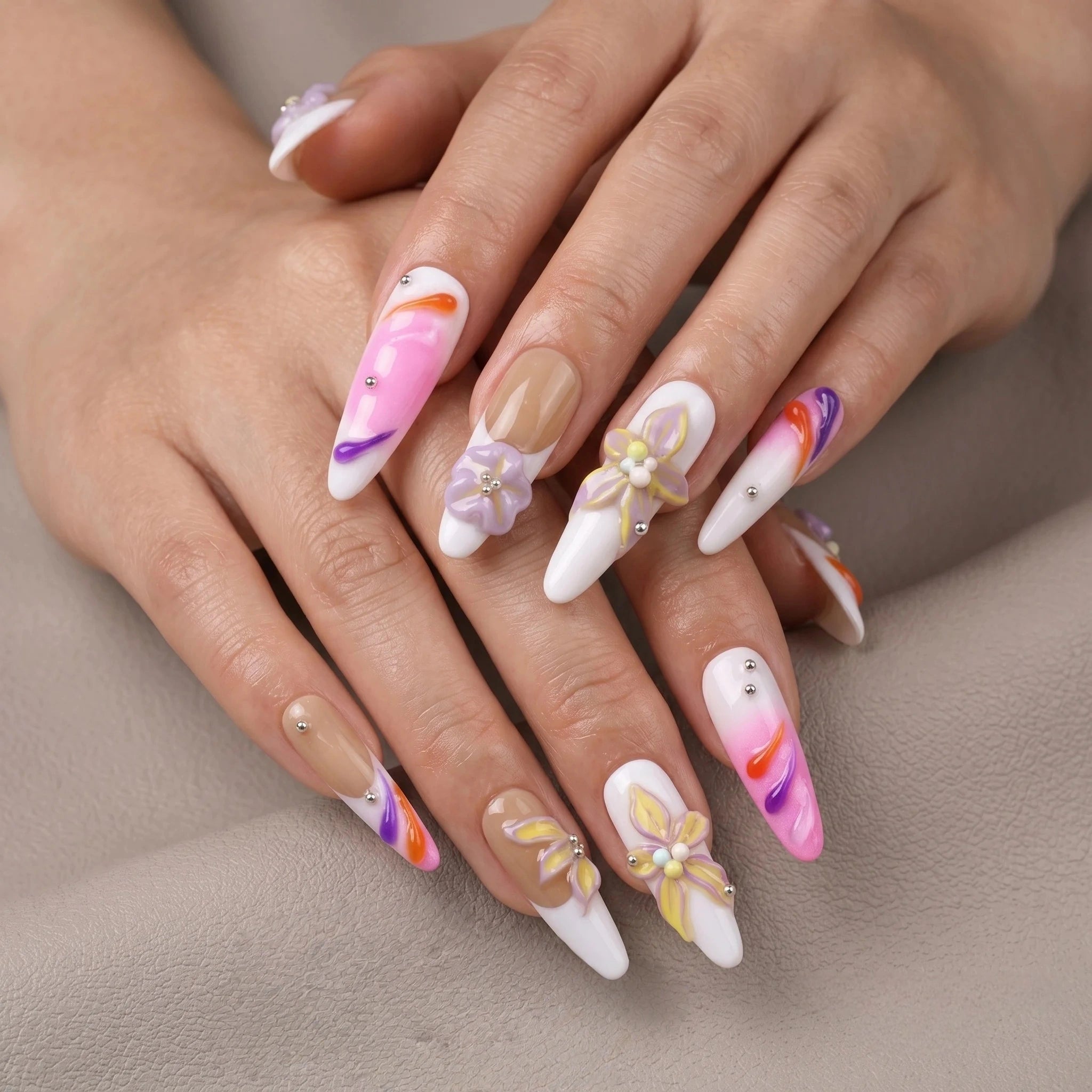 Kentrim 3D Floral Swirl Press On Nails- 10 Pieces (Single Size)