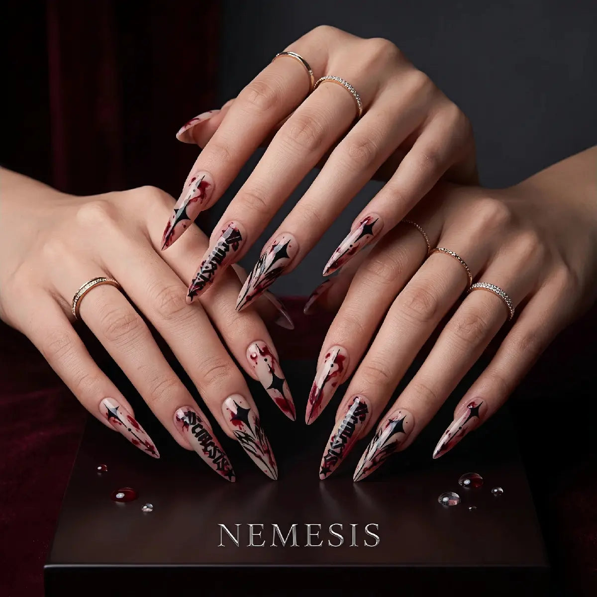 Kentrim Jelly Glue Red Kentrim Red Splatter Gothic Letter Press On Nails - 30 Pieces (15 Sizes)