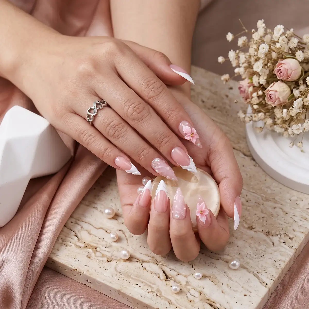 Kentrim Jelly Glue Kentrim Nude with White French Tips & 3D Flower Press On Nails - 24 Pieces (12 Sizes)