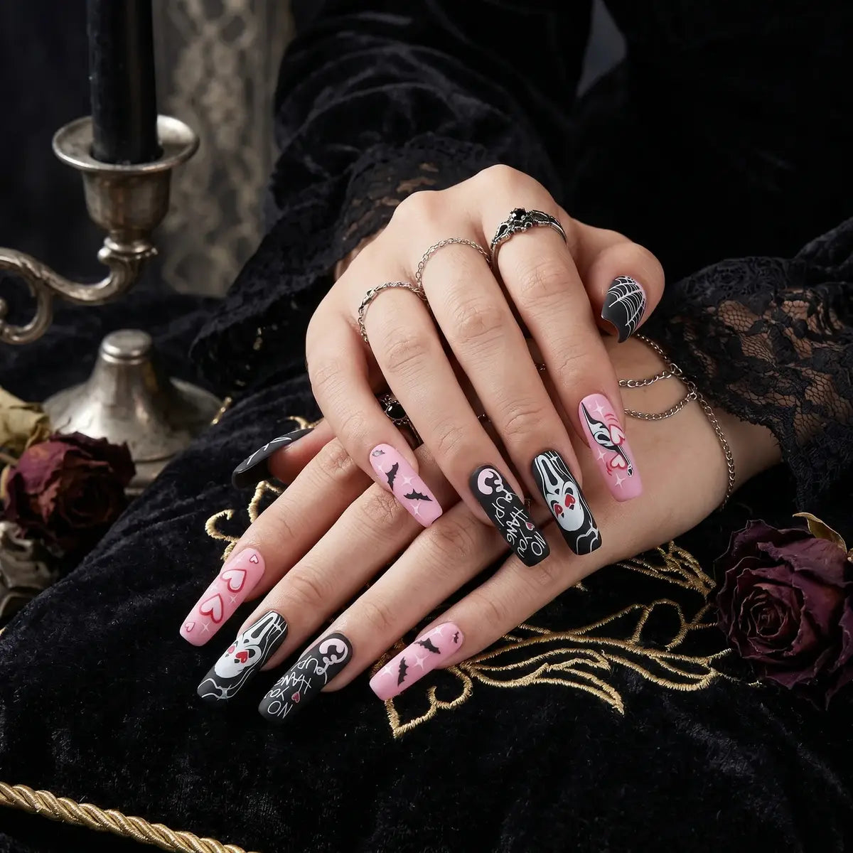 Kentrim Jelly Glue Pink Kentrim Pink Matte Ghost Face Long Coffin Halloween Press On Nails - 24 Pieces (12 Sizes)