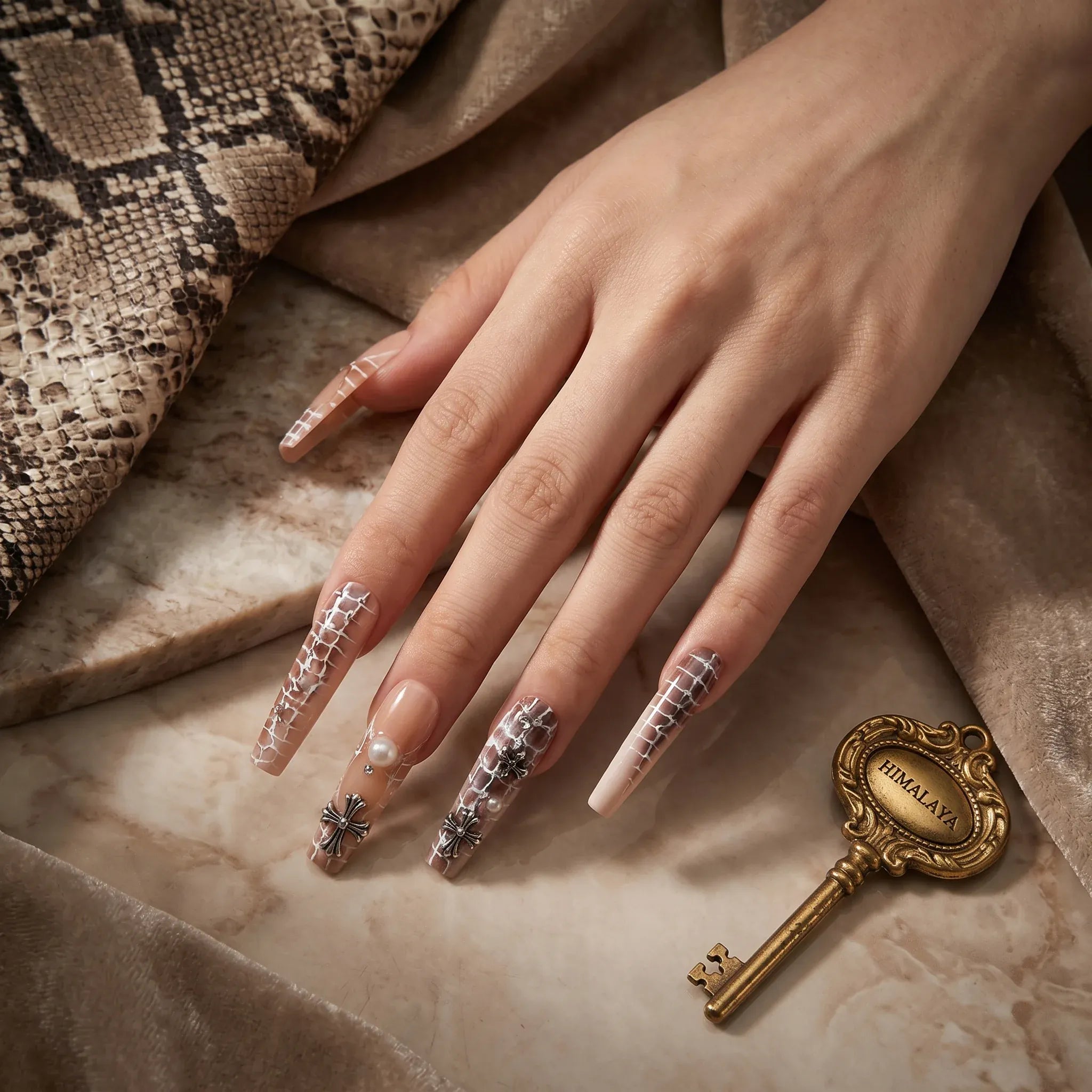 Kentrim Jelly Glue Brown Kentrim Snake Print French Tip Press On Nails - 30 Pieces (15 Sizes)