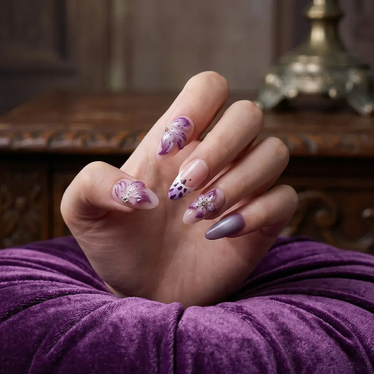 Kentrim Jelly Glue Purple Kentrim Purple Floral Almond Press On Nails- 24 Pieces (12 Sizes)
