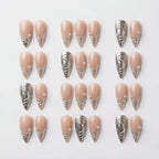 Kentrim Nude Pink Stiletto Press On Nails with Metallic Ribbon and Pearl Accents White Background