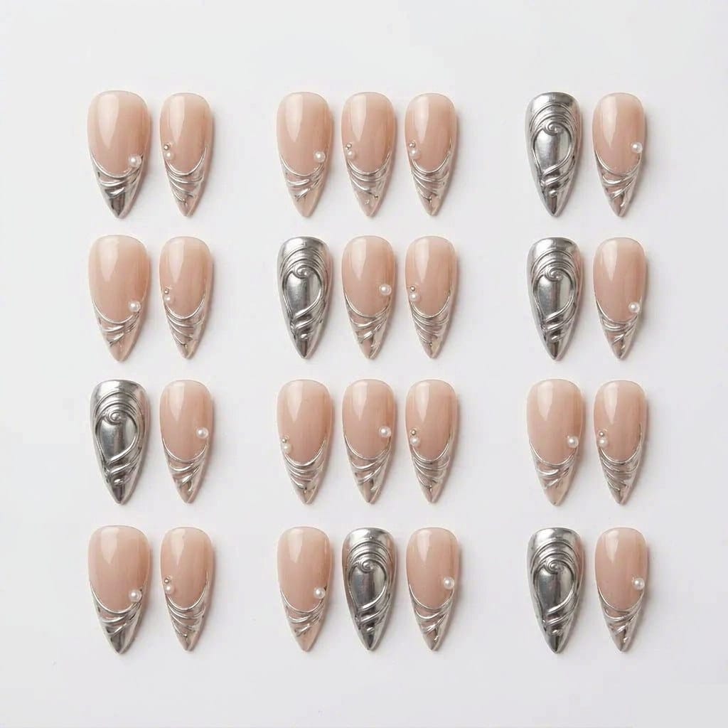 Kentrim Nude Pink Stiletto Press On Nails with Metallic Ribbon and Pearl Accents White Background