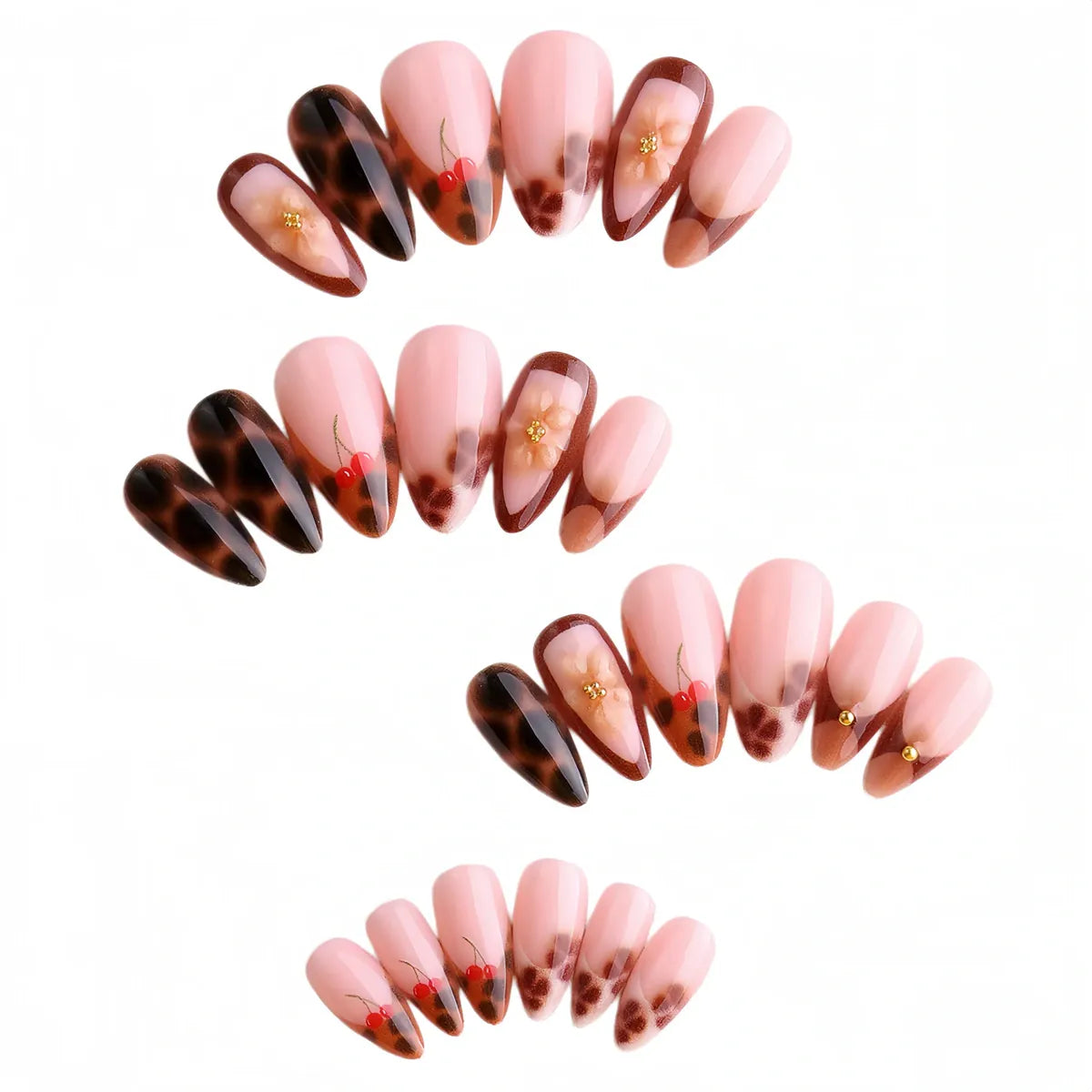 Kentrim tortoiseshell and cherry almond press on nails, 24-piece set with 12 sizes, showcasing stylish nail designs and colors. Main image