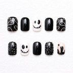 Kentrim Jelly Glue Black Kentrim Black & White Halloween Skull Short Square Press On Nails - 24 Pieces (12 Sizes)