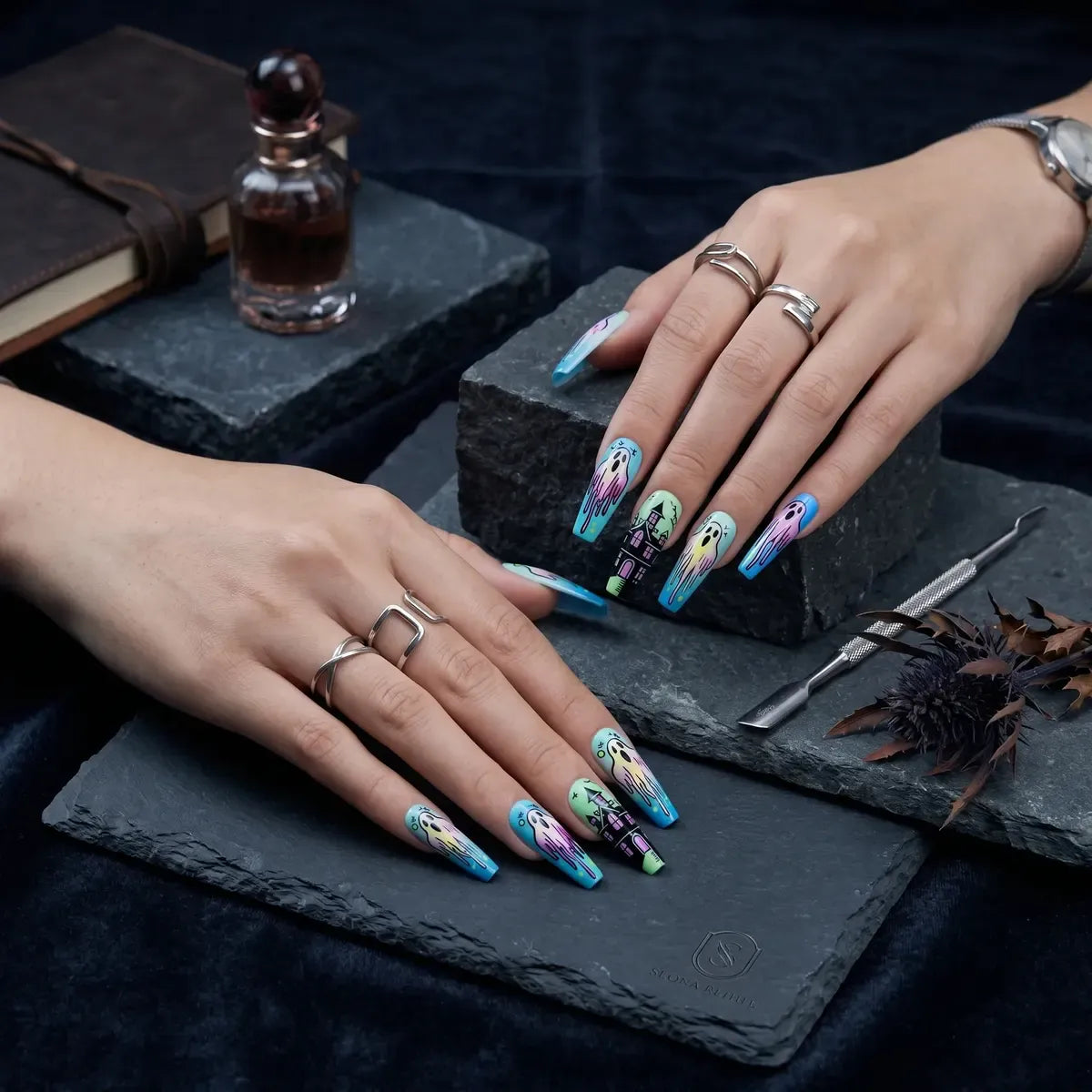 Kentrim pastel ghost haunted house long coffin press-on nails in 12 sizes, 24-piece set with spooky ghost and haunted house design Main image