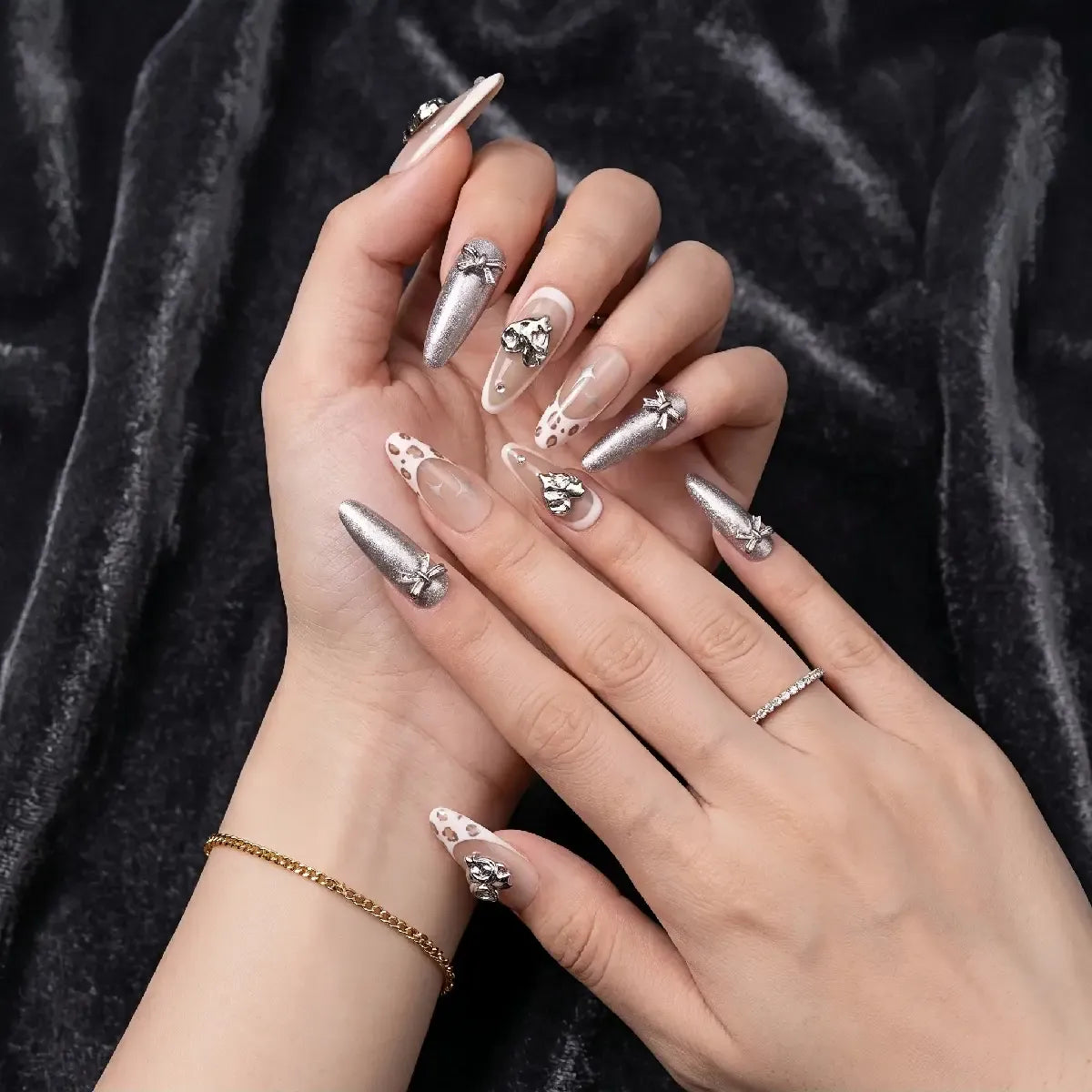 Kentrim Jelly Glue Silver Kentrim Silver Cat Eye Leopard French Press On Nails - 30 Pieces (15 Sizes)