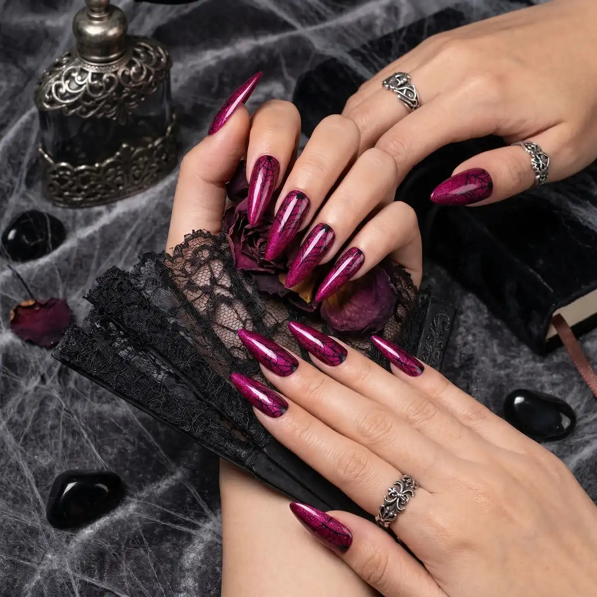 Kentrim Jelly Glue Hot Pink Kentrim Metallic Magenta Spider Web Long Stiletto Halloween Press On Nails - 24 Pieces (12 Sizes)