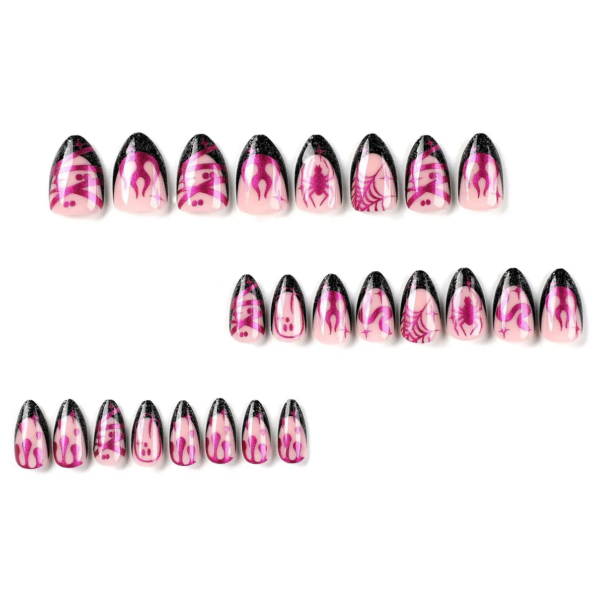 Kentrim Jelly Glue Pink Kentrim Pink Black Spider Ghost Short Almond Halloween Press On Nails - 24 Pieces (12 Sizes)
