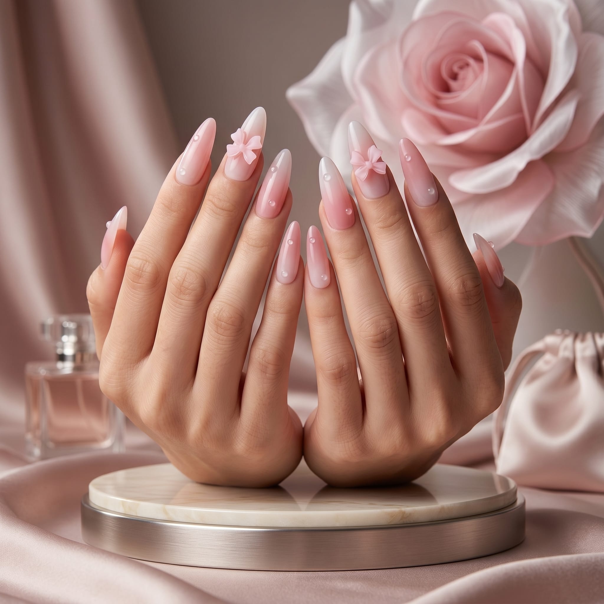 Kentrim pink gradient bow press-on nails with 30 pieces in 15 sizes, showcasing glossy nails with bow designs and gradient pink color. Main image