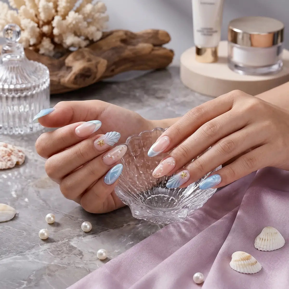 Kentrim Ocean-themed Blue & Nude Gradient Press On Nails with Shell & Starfish Details - 24 Pieces (12 Sizes) Secondary image