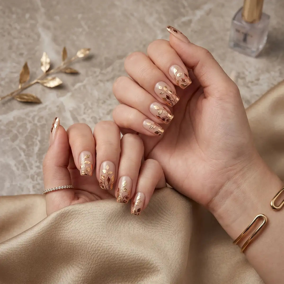 Kentrim Jelly Glue Gold Kentrim Nude Pink with Gold Leaf Medium Square Press On Nails - 24 Pieces (12 Sizes)