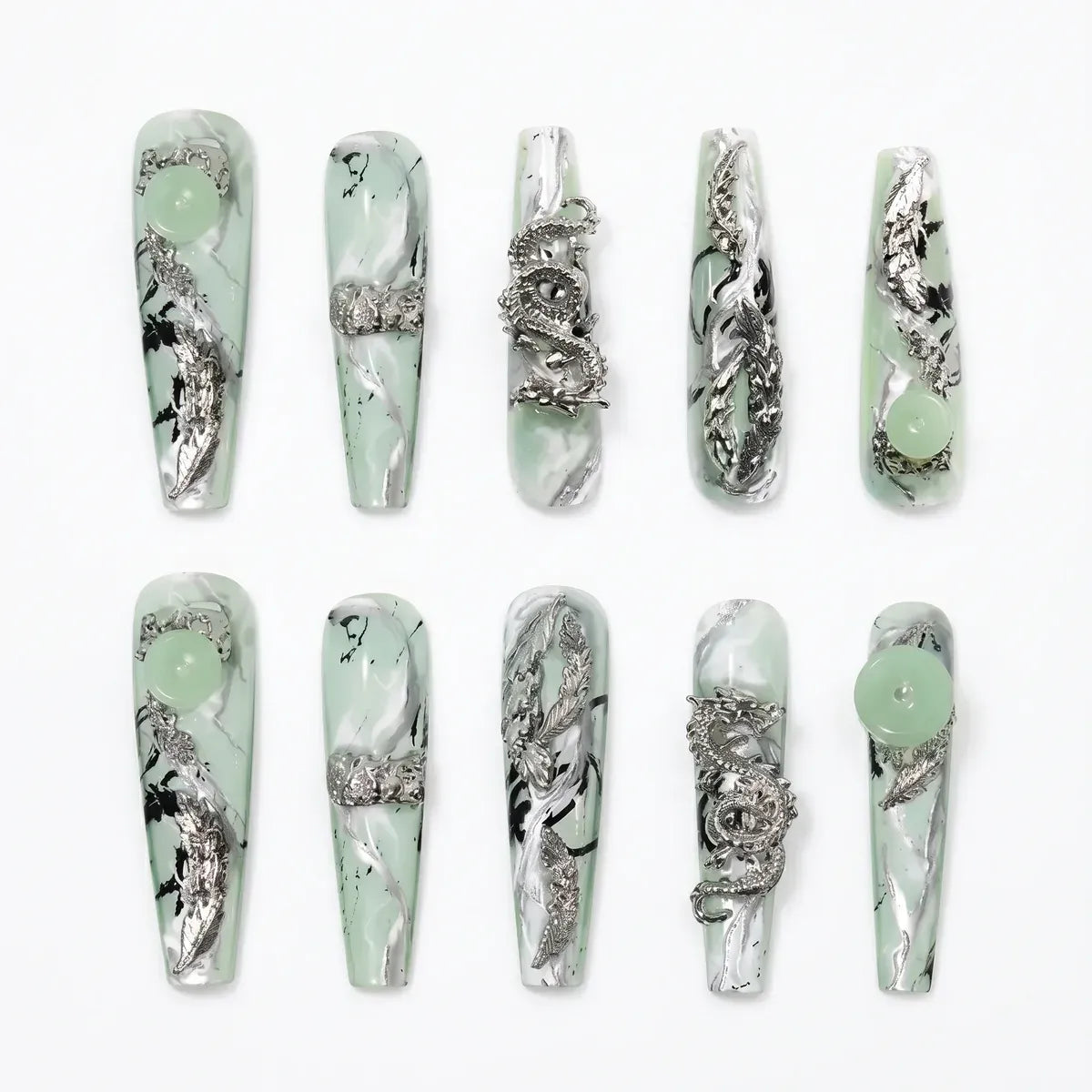 Press on Nails Kentrim Green Ink Dragon Jade XL Square Press On Nails - 30 Pieces, 15 Sizes Green