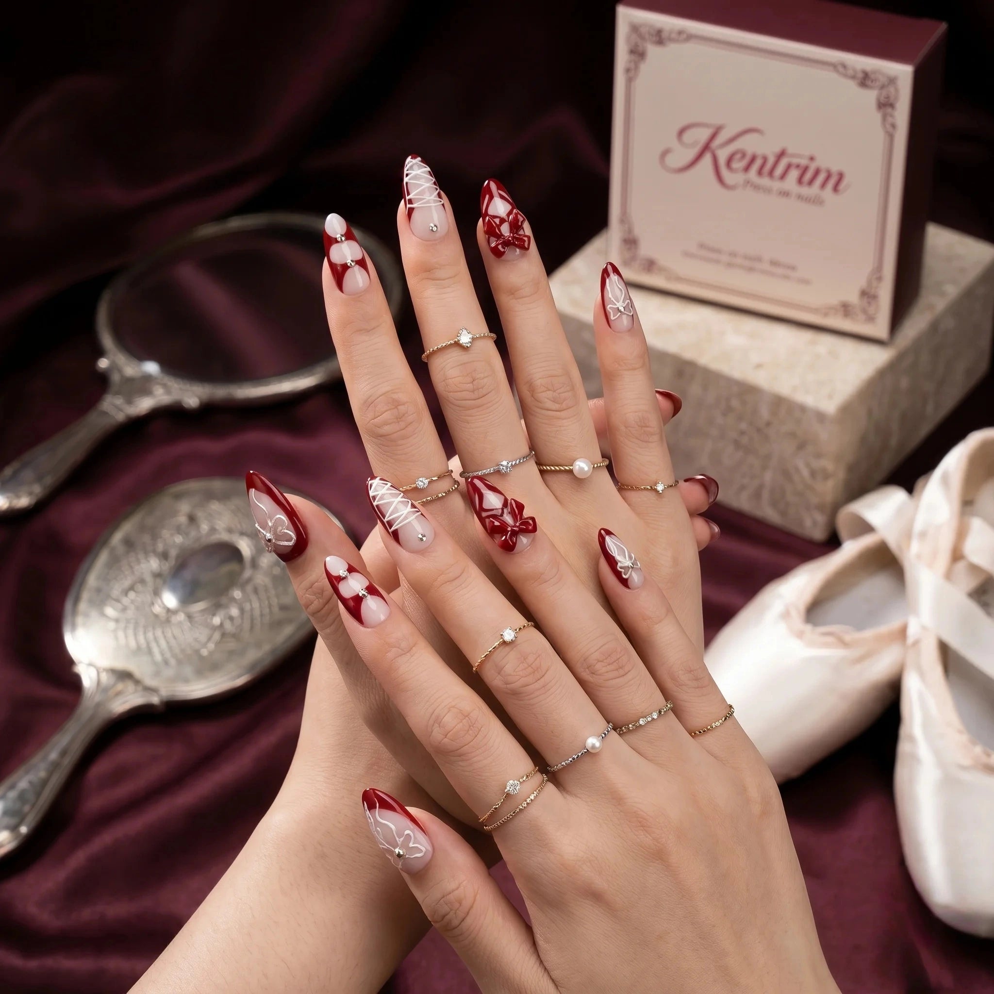 Kentrim Red Corset Long Almond Press On Nails - 10 Pieces (Single Size)