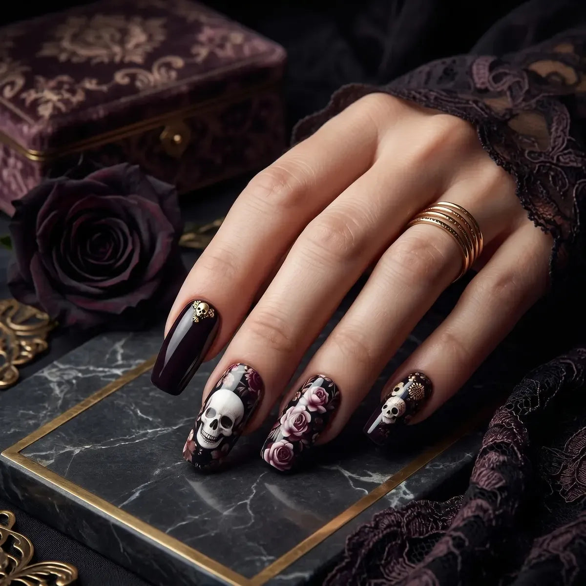 Kentrim Jelly Glue Purple Kentrim Skull & Roses Medium Coffin Press On Nails - 24 Pieces (12 Sizes)