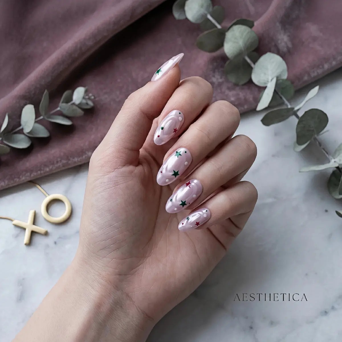Kentrim Jelly Glue Pink Kentrim Light Pink Christmas Star & Dot Press On Nails - 30 Pieces (15 Sizes)