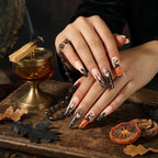 Kentrim Jelly Glue Black Kentrim Black Glitter Pumpkin Long Coffin Halloween Press On Nails - 24 Pieces (12 Sizes)