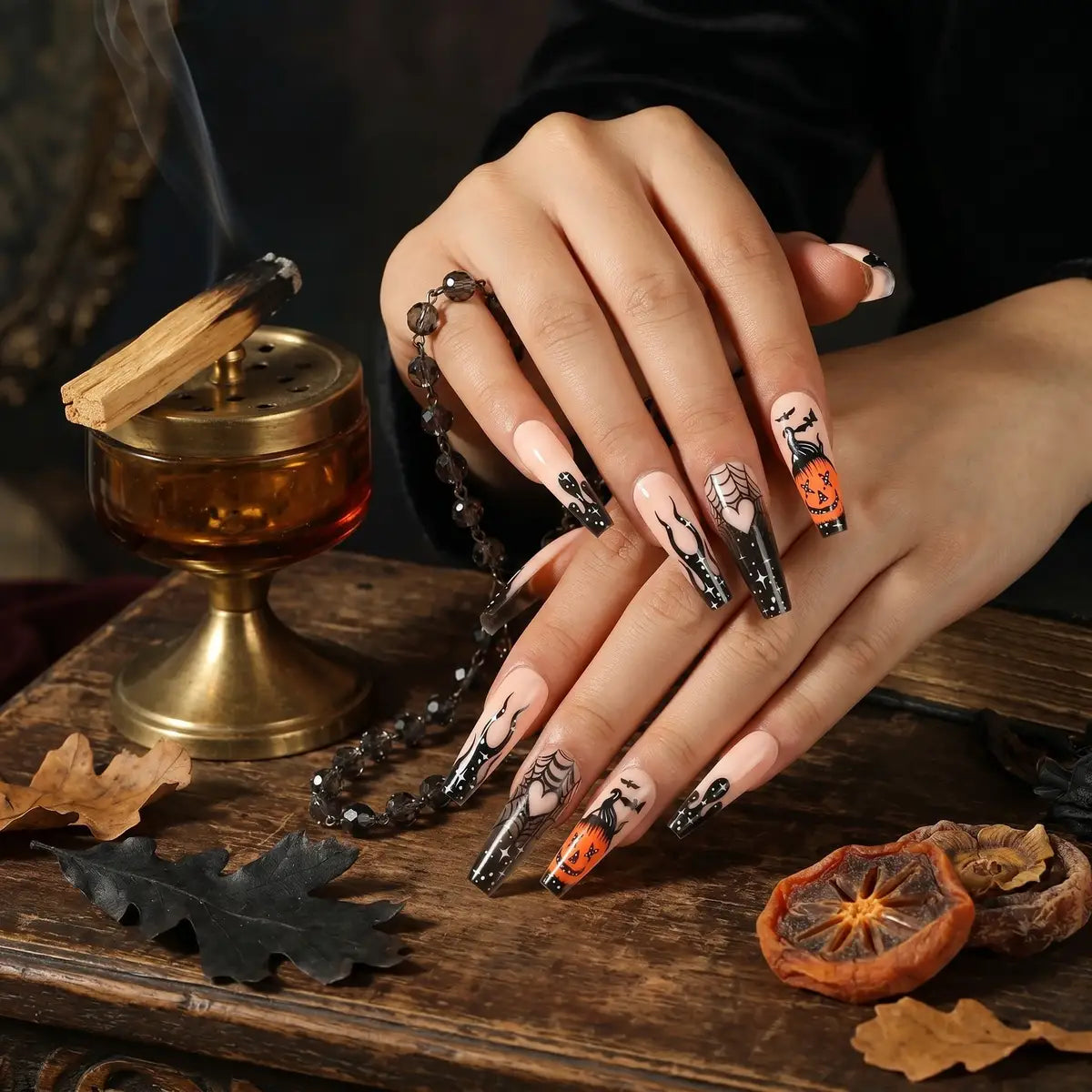 Kentrim Jelly Glue Black Kentrim Black Glitter Pumpkin Long Coffin Halloween Press On Nails - 24 Pieces (12 Sizes)
