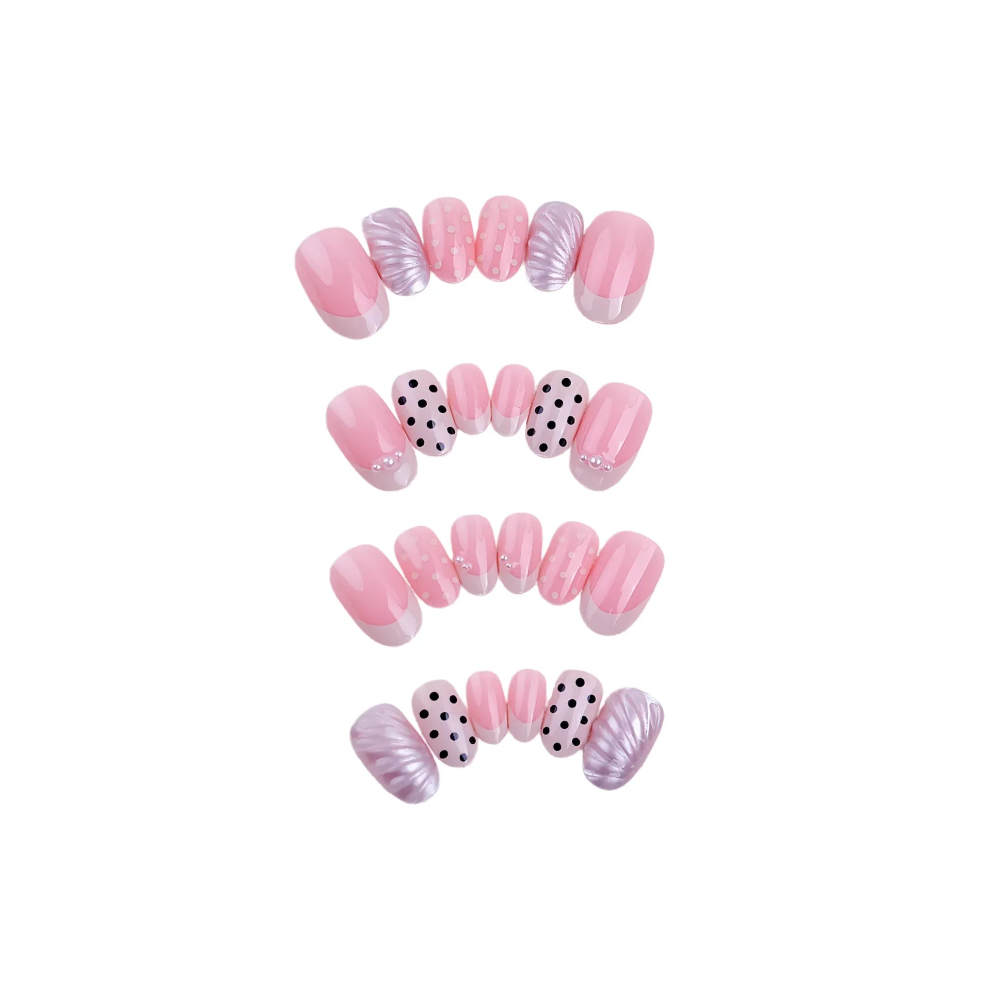 Kentrim pink and white polka dot press on nails with shell texture, 24-piece set in multiple sizes for easy manicure application. Main image