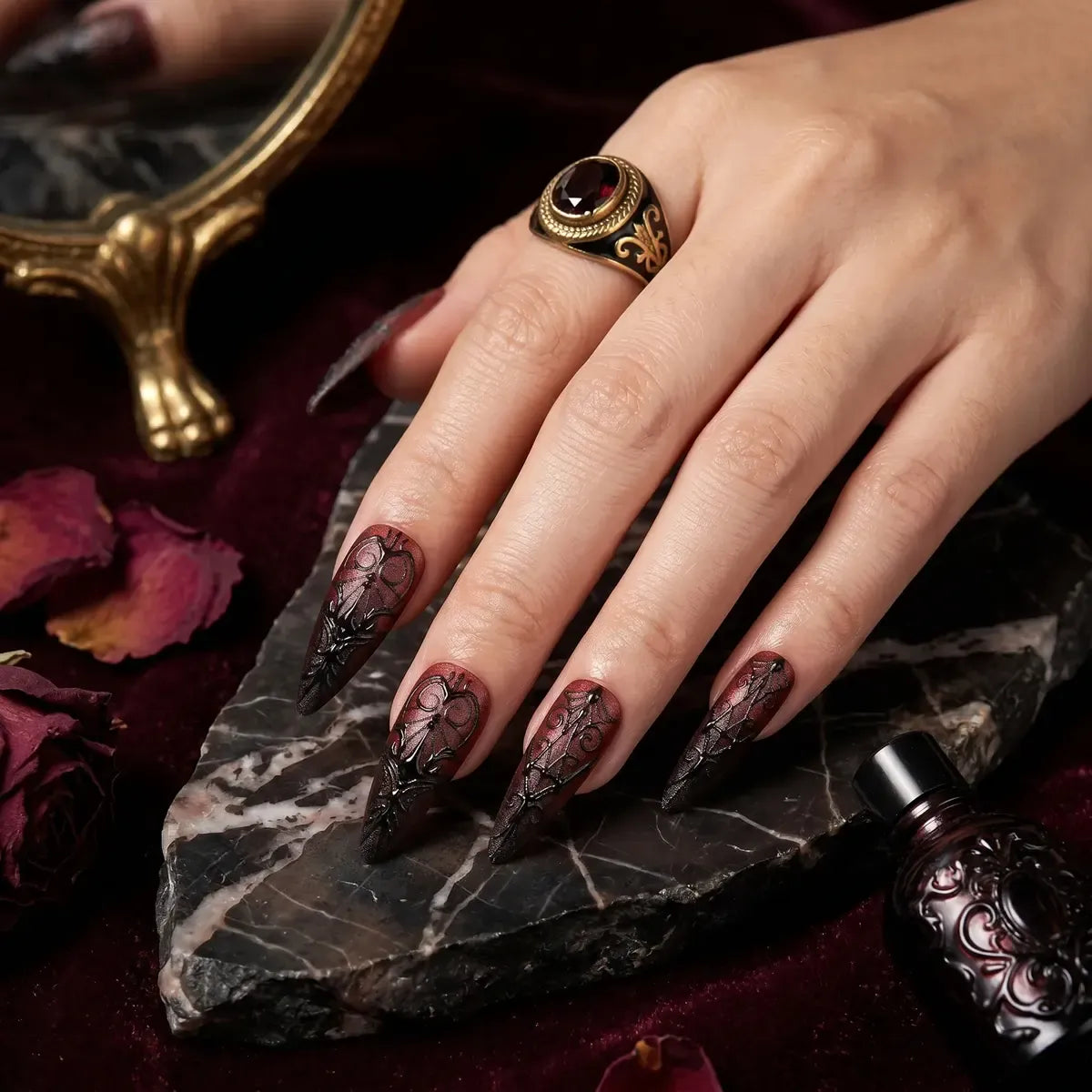 Kentrim Jelly Glue Black Kentrim Gothic Red to Black Gradient Stiletto Press On Nails with Black Carvings - 24 Pieces (12 Sizes)