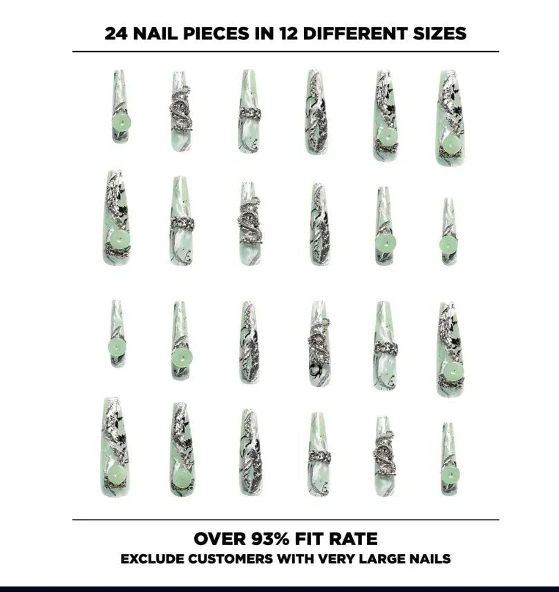 Press on Nails Kentrim Green Ink Dragon Jade XL Square Press On Nails - 30 Pieces, 15 Sizes Green