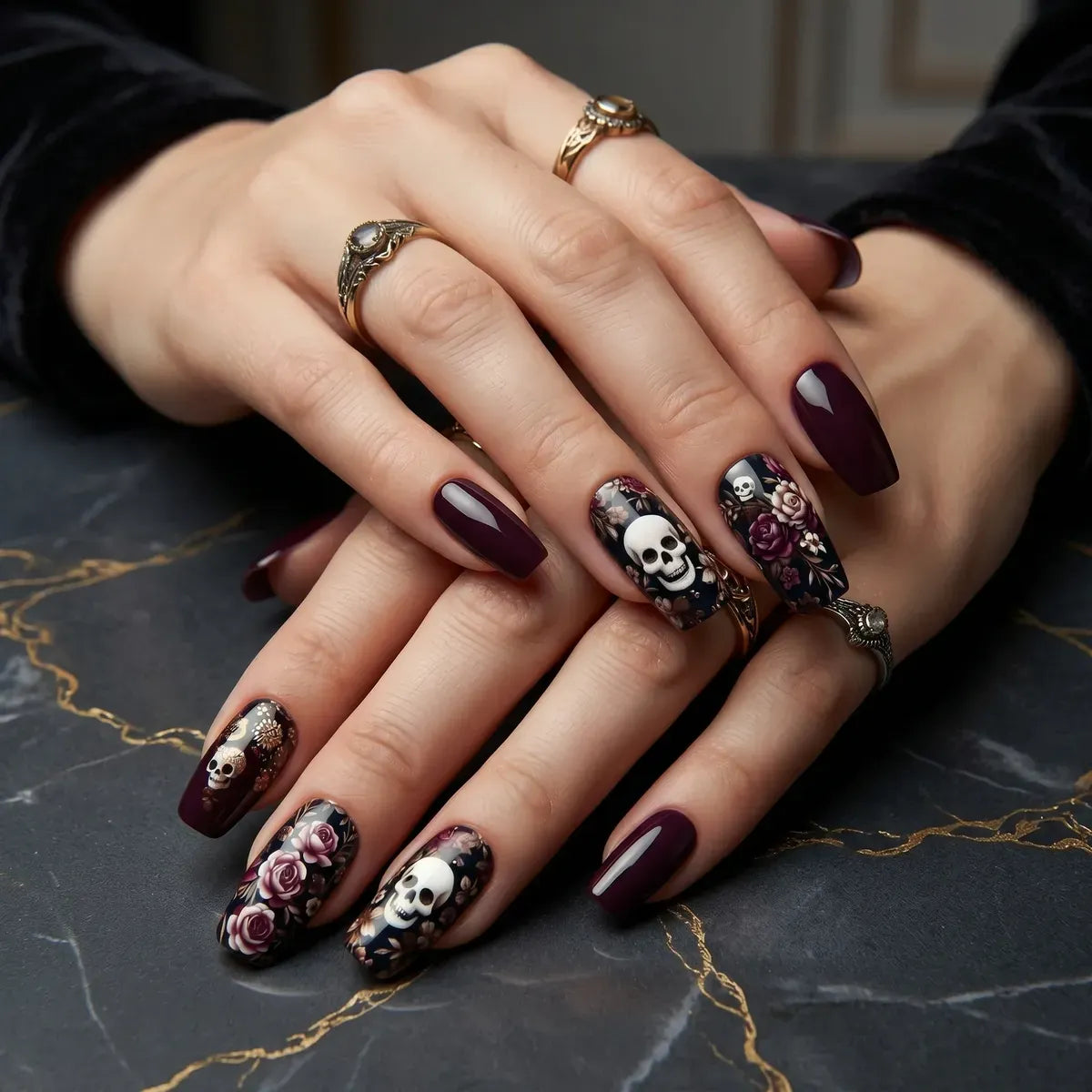 Kentrim Jelly Glue Purple Kentrim Skull & Roses Medium Coffin Press On Nails - 24 Pieces (12 Sizes)