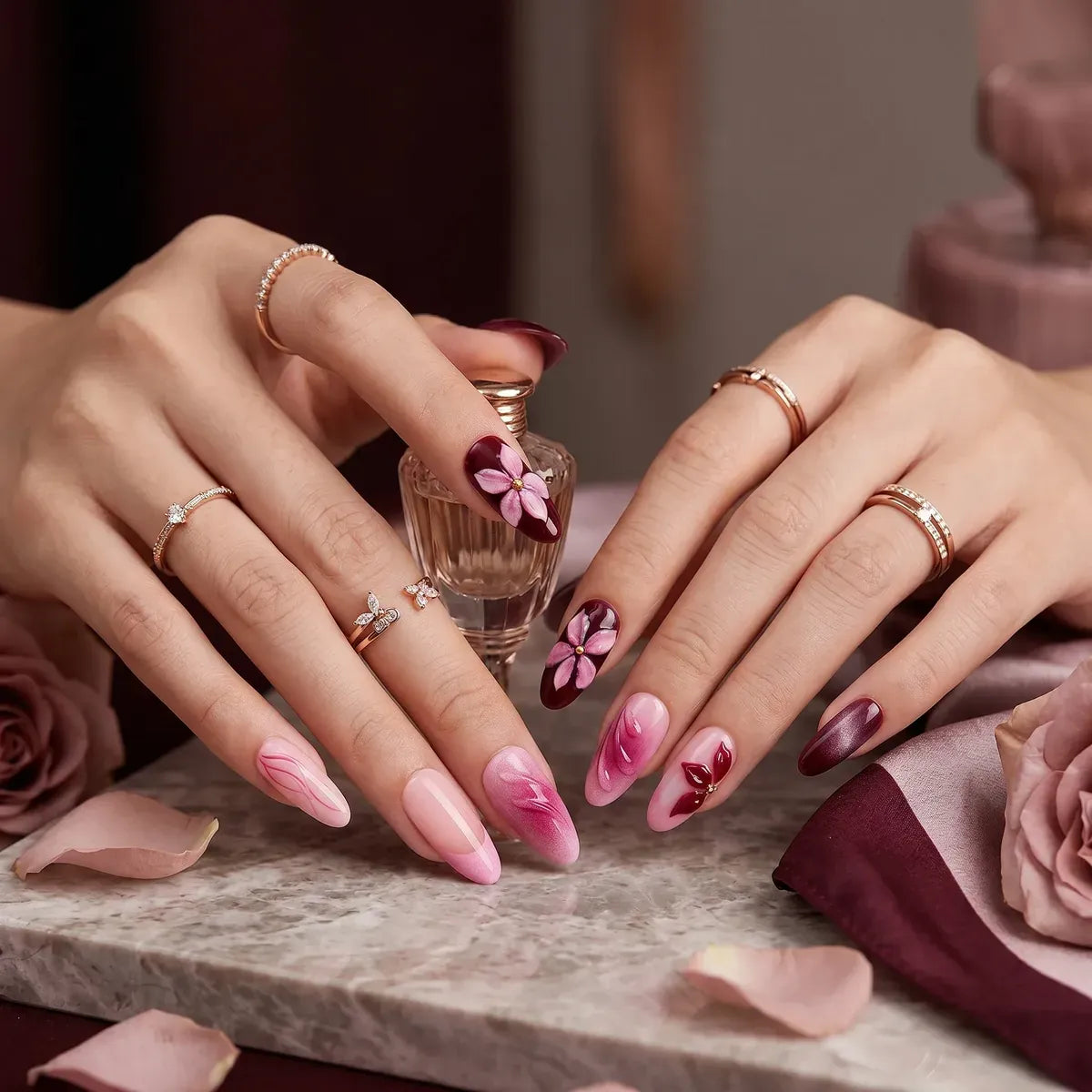 Kentrim Pink & Burgundy Floral Almond Press On Nails-24 Pieces (12 Sizes) Secondary image