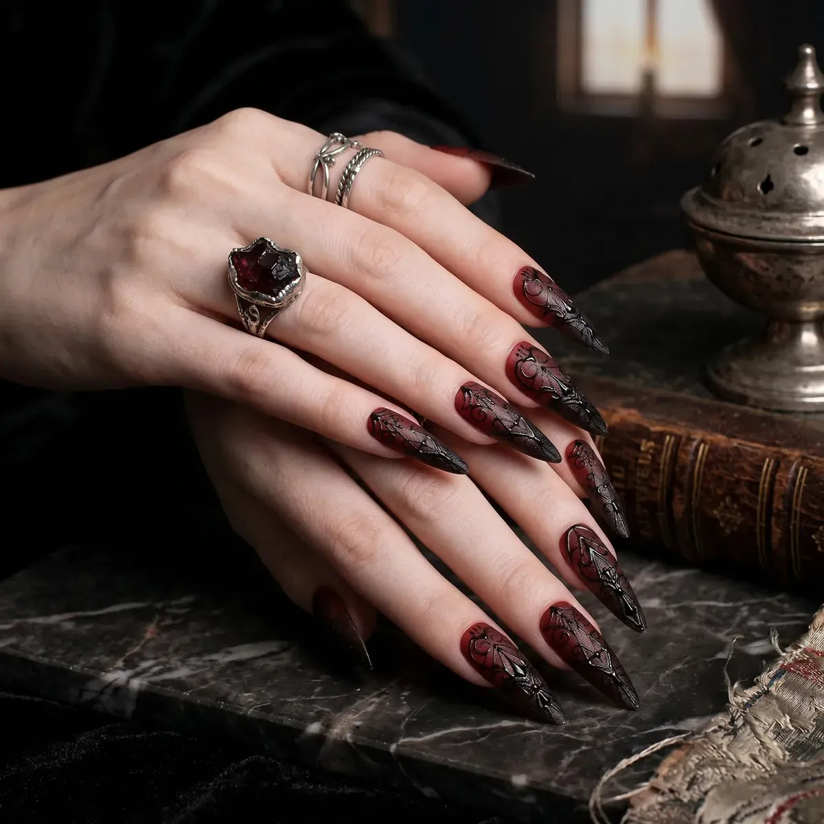 Kentrim Jelly Glue Black Kentrim Gothic Red to Black Gradient Stiletto Press On Nails with Black Carvings - 24 Pieces (12 Sizes)