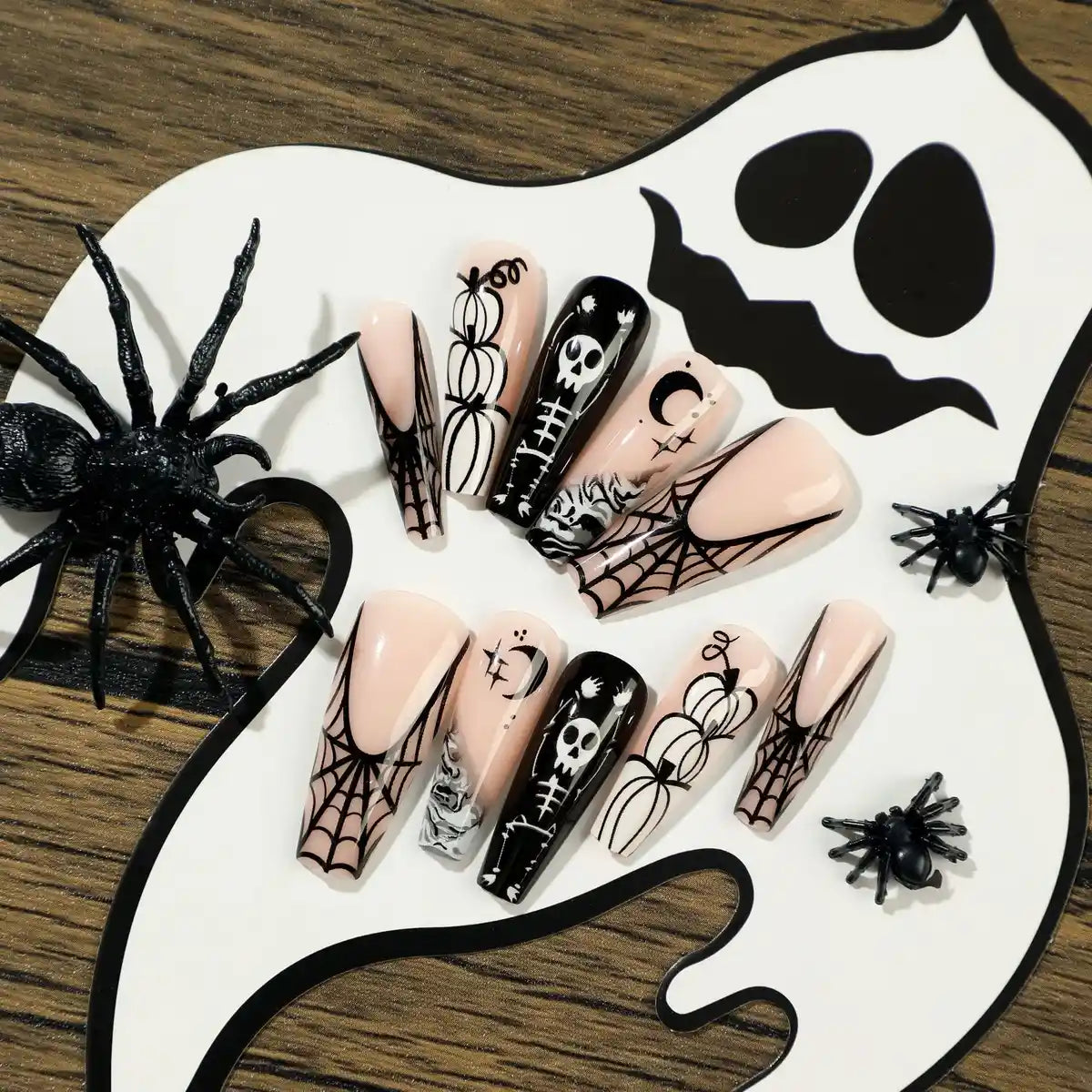 Kentrim Jelly Glue Black Kentrim Halloween Skull Pumpkin Coffin Press On Nails - 24 Pieces (12 Sizes)