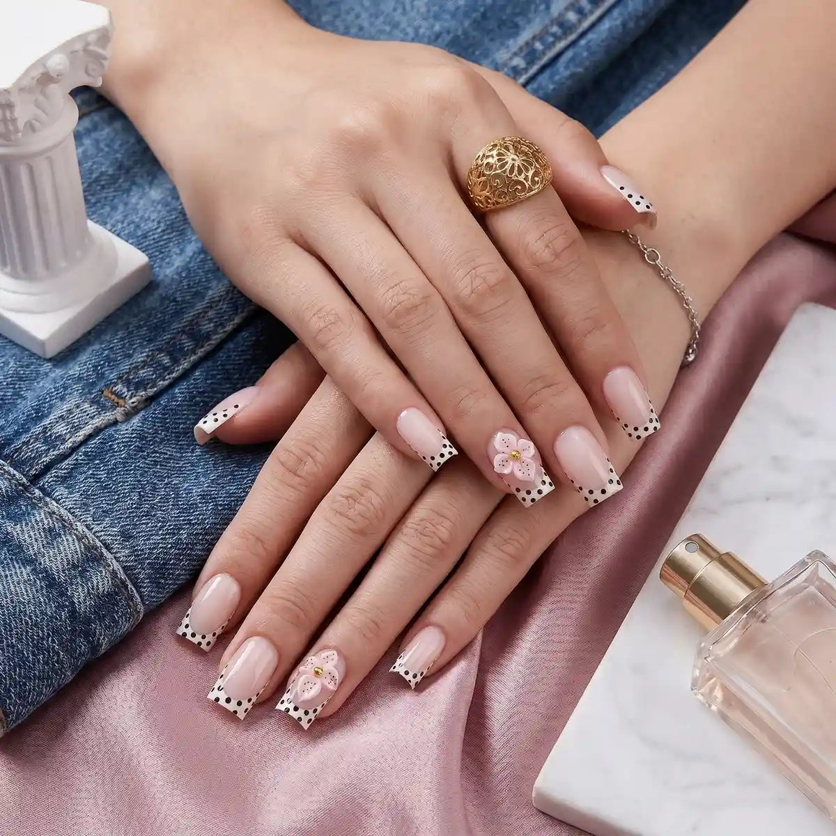 Kentrim Jelly Glue Dark black Kentrim Nude with Black Polka Dot French Tips & 3D Flower Press On Nails - 24 Pieces (12 Sizes)