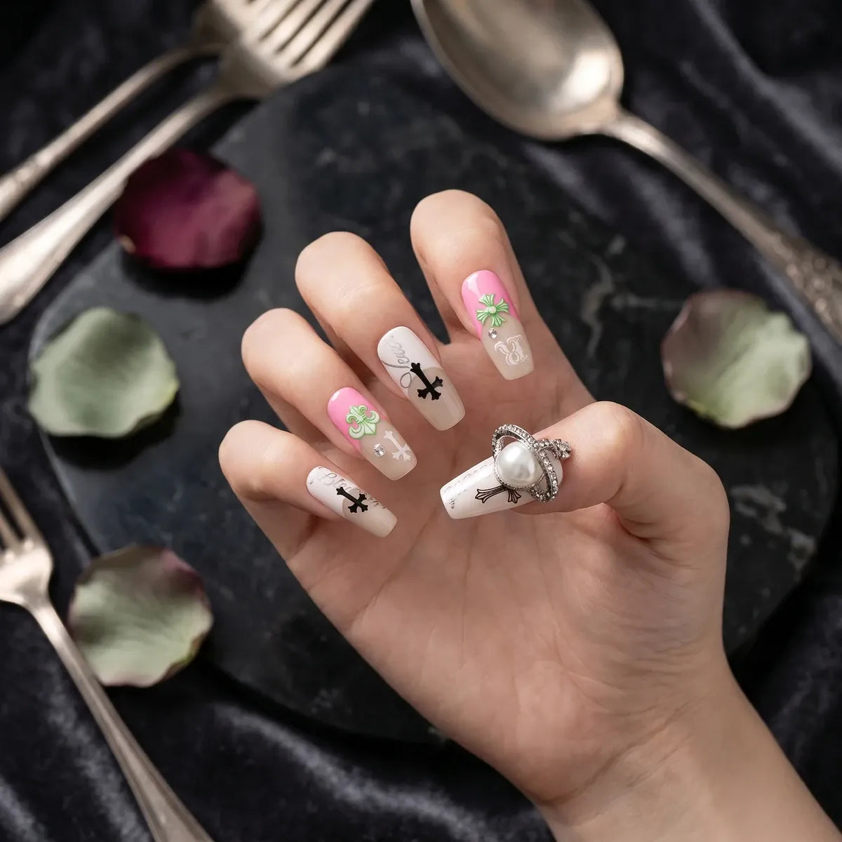 Press on Nails Kentrim Pink French Cross Coffin Press On Nails - 30 Pieces, 15 Sizes Pink