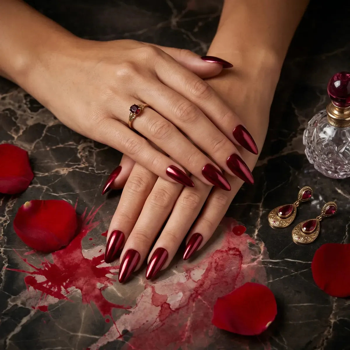 Kentrim Glossy Metallic Wine Red Long Stiletto Press On Nails - 24 Pieces (12 Sizes) Secondary image