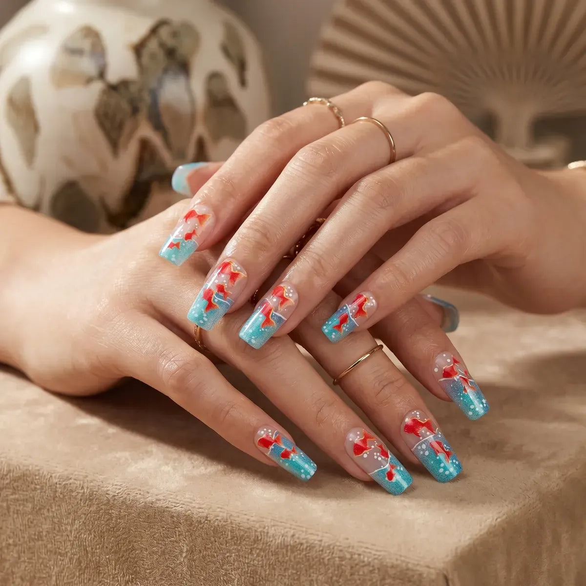 Kentrim Jelly Glue Blue Kentrim Koi Fish Water Gradient Medium Square Press On Nails - 24 Pieces (12 Sizes)