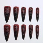 Kentrim Jelly Glue Black Kentrim Gothic Red to Black Gradient Stiletto Press On Nails with Black Carvings - 24 Pieces (12 Sizes)