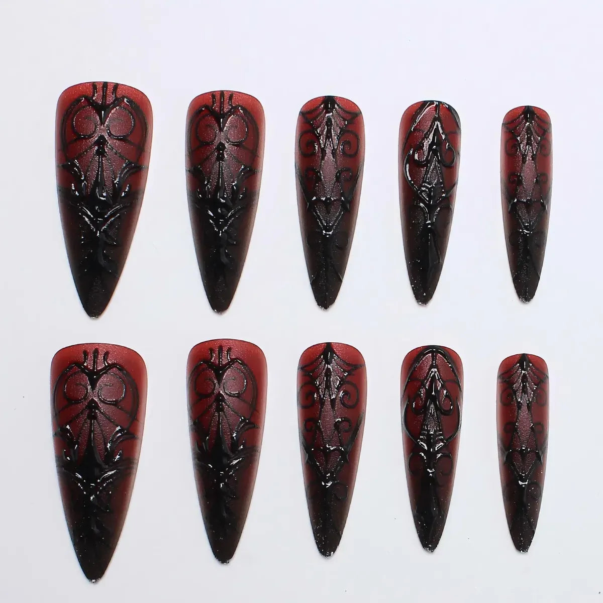 Kentrim Jelly Glue Black Kentrim Gothic Red to Black Gradient Stiletto Press On Nails with Black Carvings - 24 Pieces (12 Sizes)