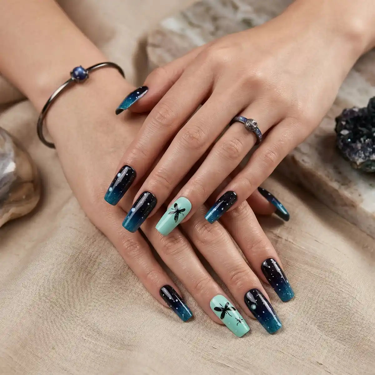 Kentrim Jelly Glue Blue Kentrim Dragonfly Night Sky Medium Square Press On Nails - 24 Pieces (12 Sizes)
